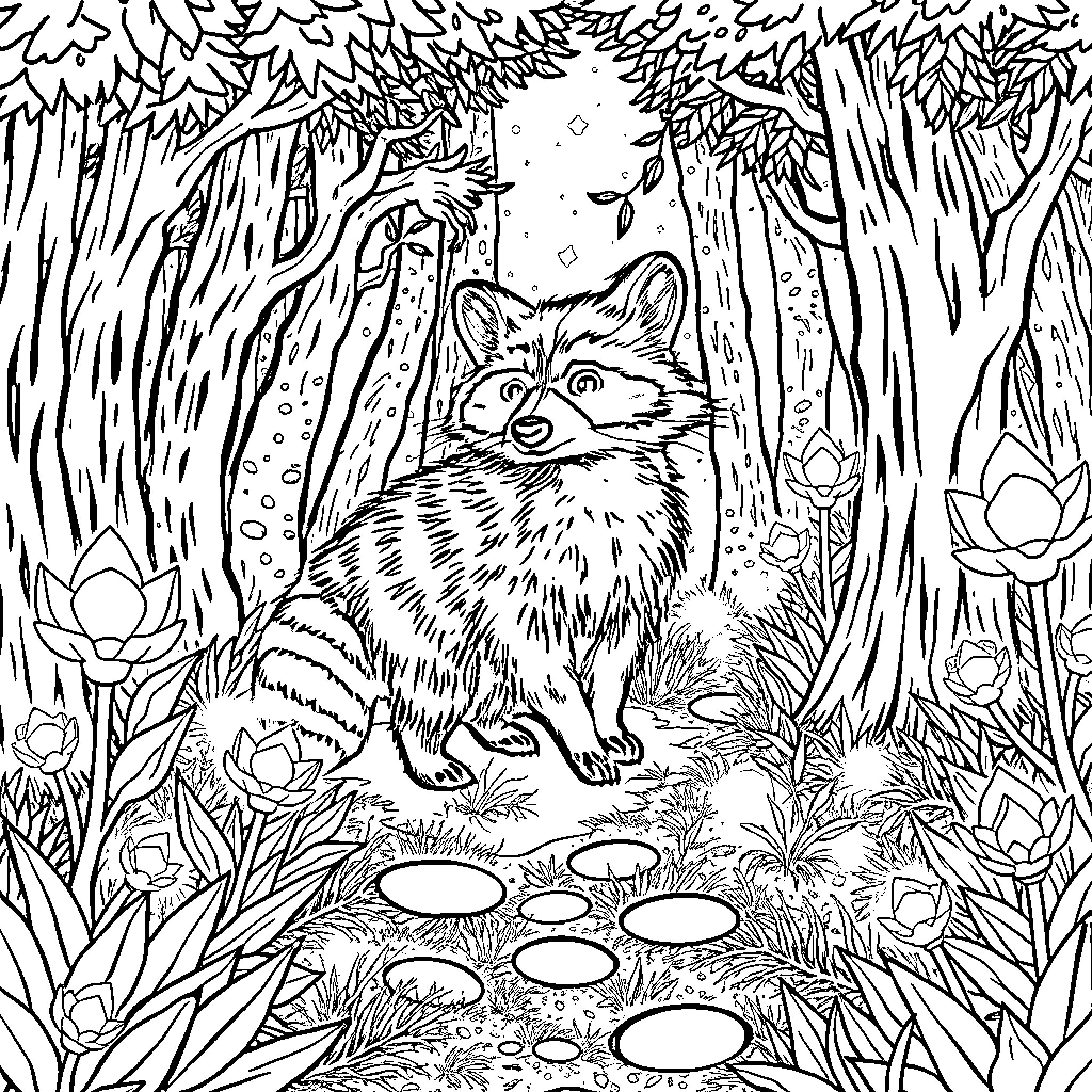Raccoon exploring the enchanted forest Coloring Page (free black-and-white line drawing printable PDF for all, from beginners to advanced learners, including children, teens, adults, and seniors)
