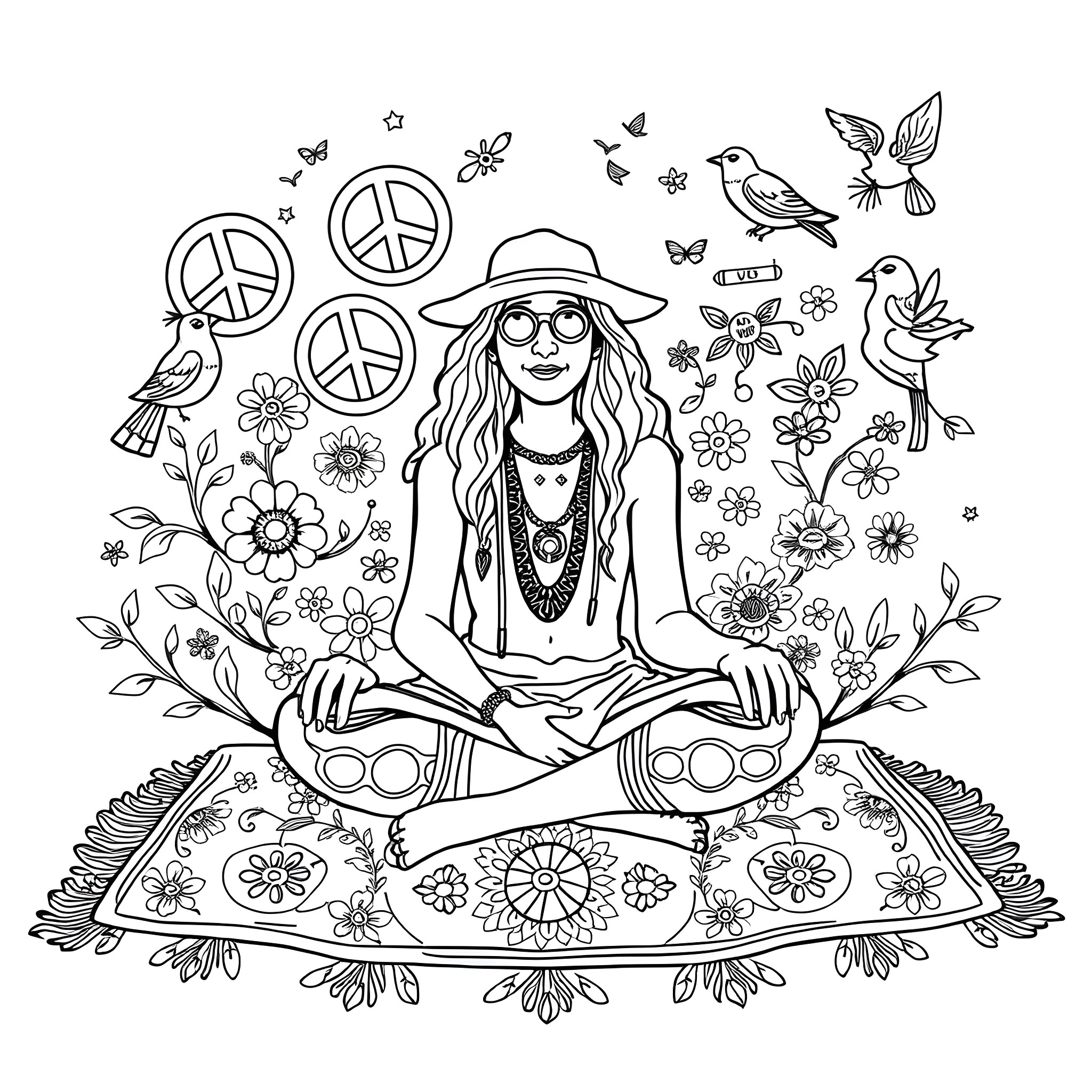 Hippie woman meditating among flowers and peace symbols Coloring Page (free black-and-white line drawing printable PDF for all, from beginners to advanced learners, including children, teens, adults, and seniors)