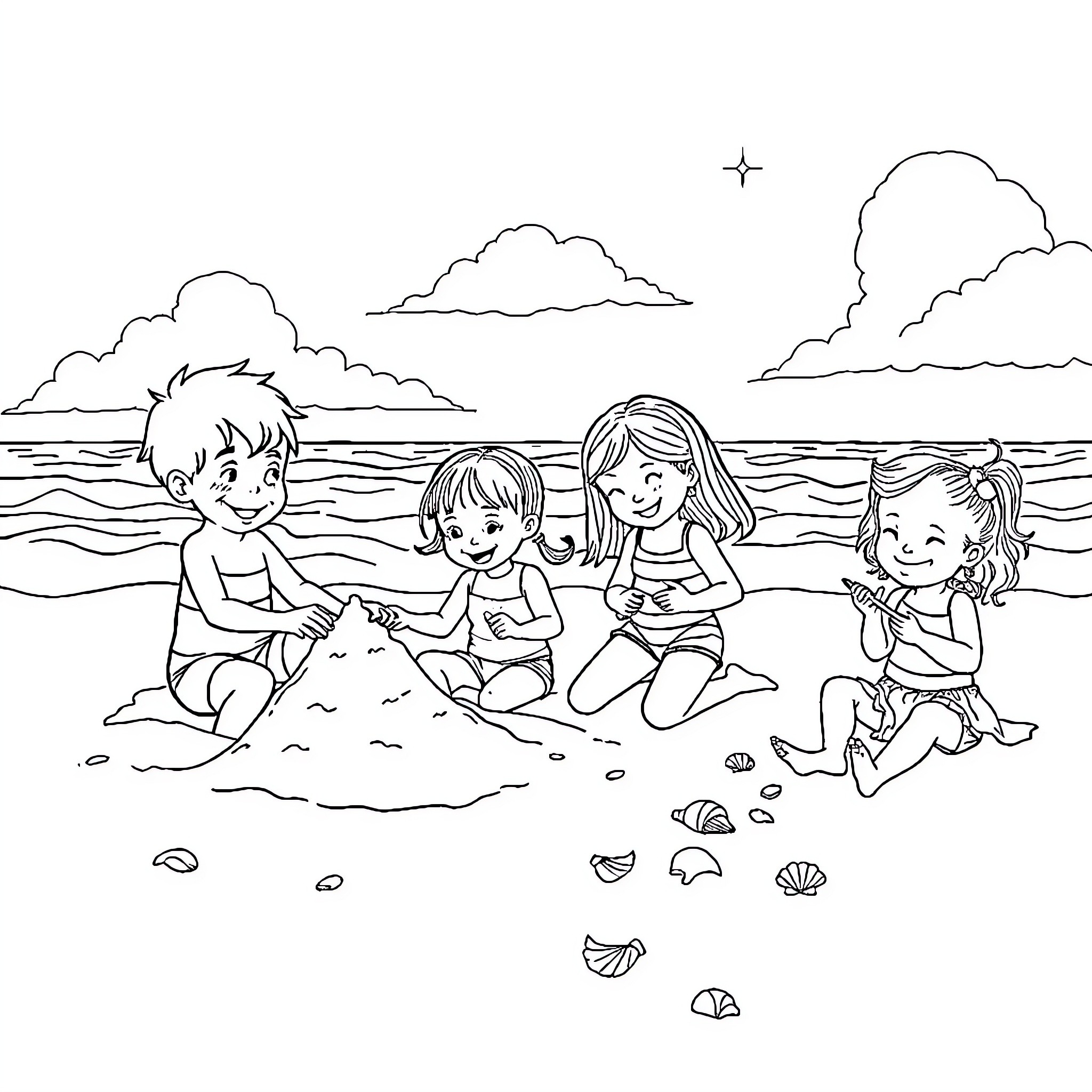 Children playing joyfully on the beach Coloring Page (free black-and-white line drawing printable PDF for all, from beginners to advanced learners, including children, teens, adults, and seniors)