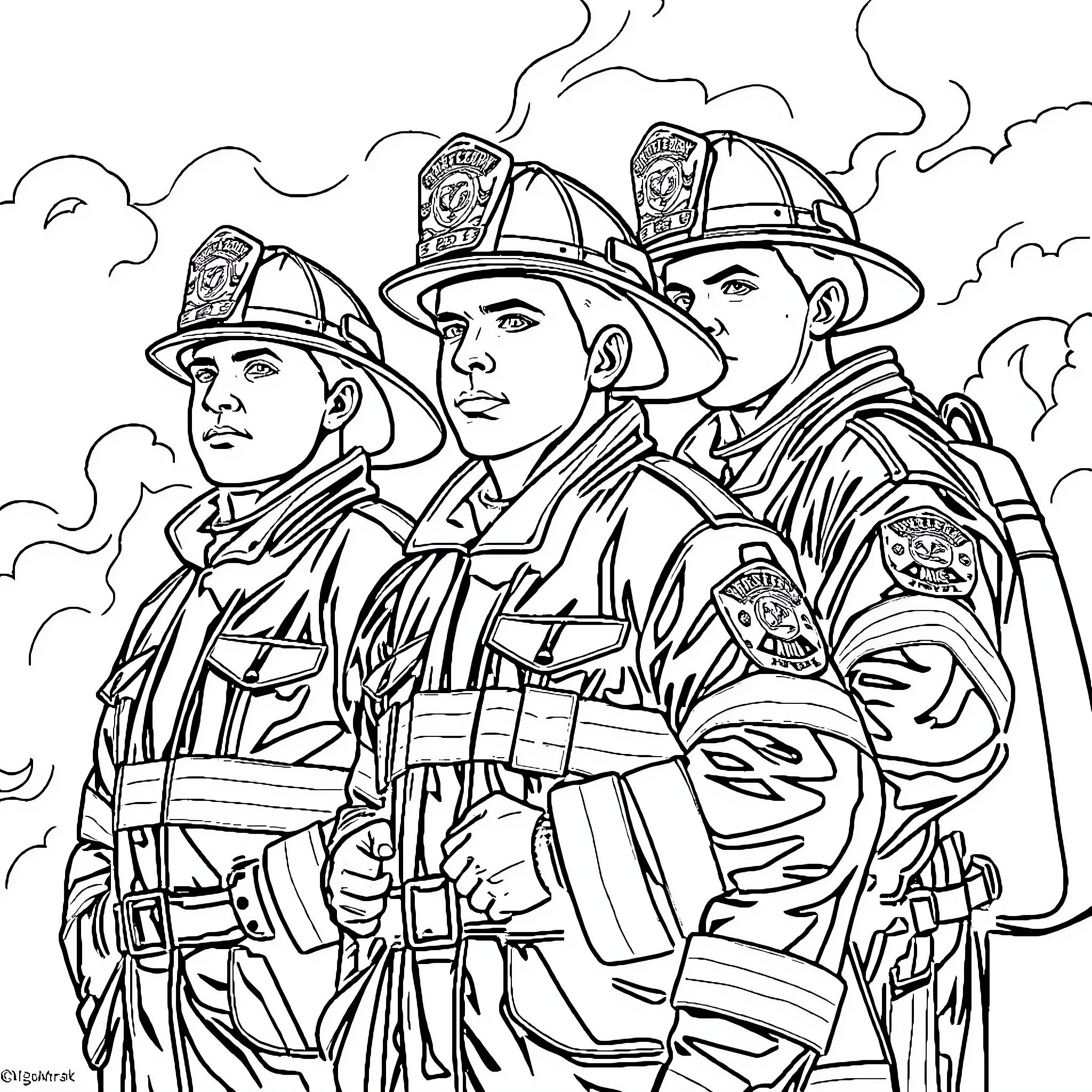 Firefighters in action at the scene Coloring Page (free black-and-white line drawing printable PDF for all, from beginners to advanced learners, including children, teens, adults, and seniors)