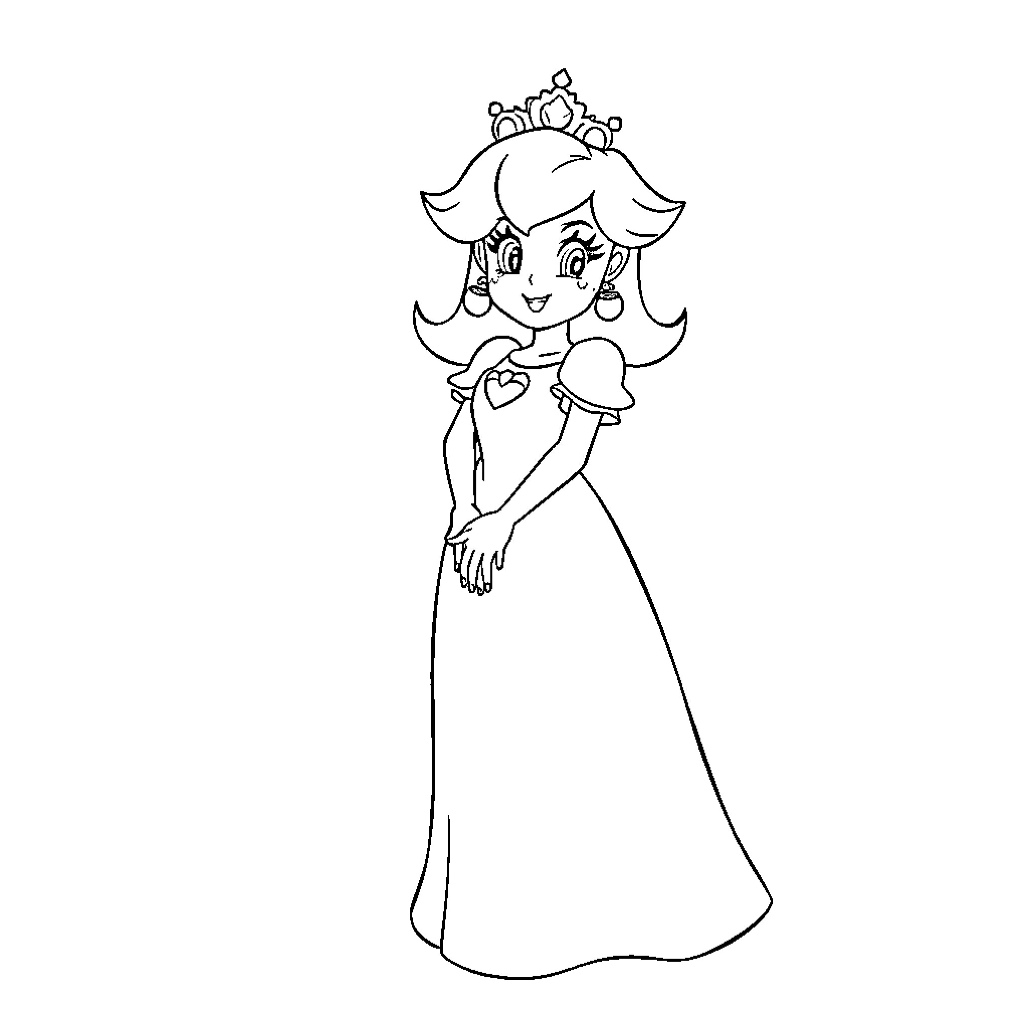 Princess in Elegant Gown and Tiara Coloring Page (free black-and-white line drawing printable PDF for all, from beginners to advanced learners, including children, teens, adults, and seniors)