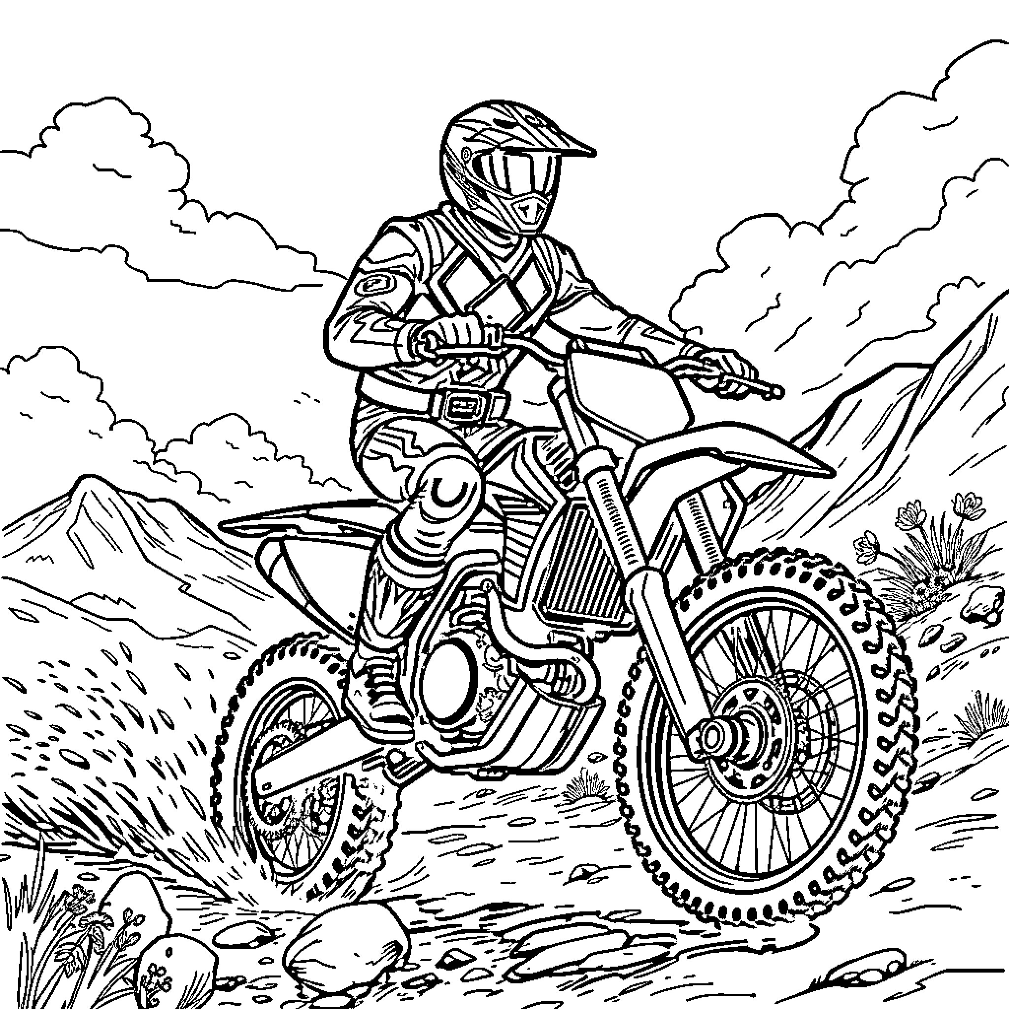 Power Ranger riding motocross bike in rugged terrain Coloring Page (free black-and-white line drawing printable PDF for all, from beginners to advanced learners, including children, teens, adults, and seniors)
