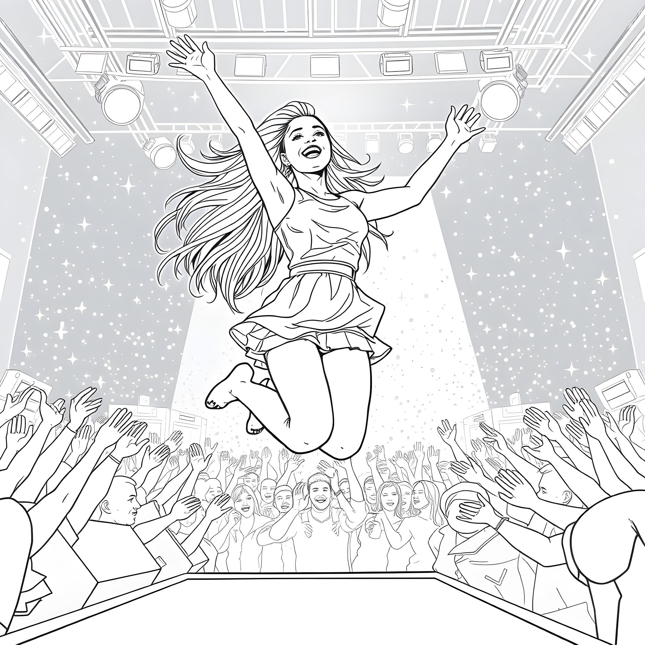 Ariana Grande performing joyfully on stage Coloring Page (free black-and-white line drawing printable PDF for all, from beginners to advanced learners, including children, teens, adults, and seniors)