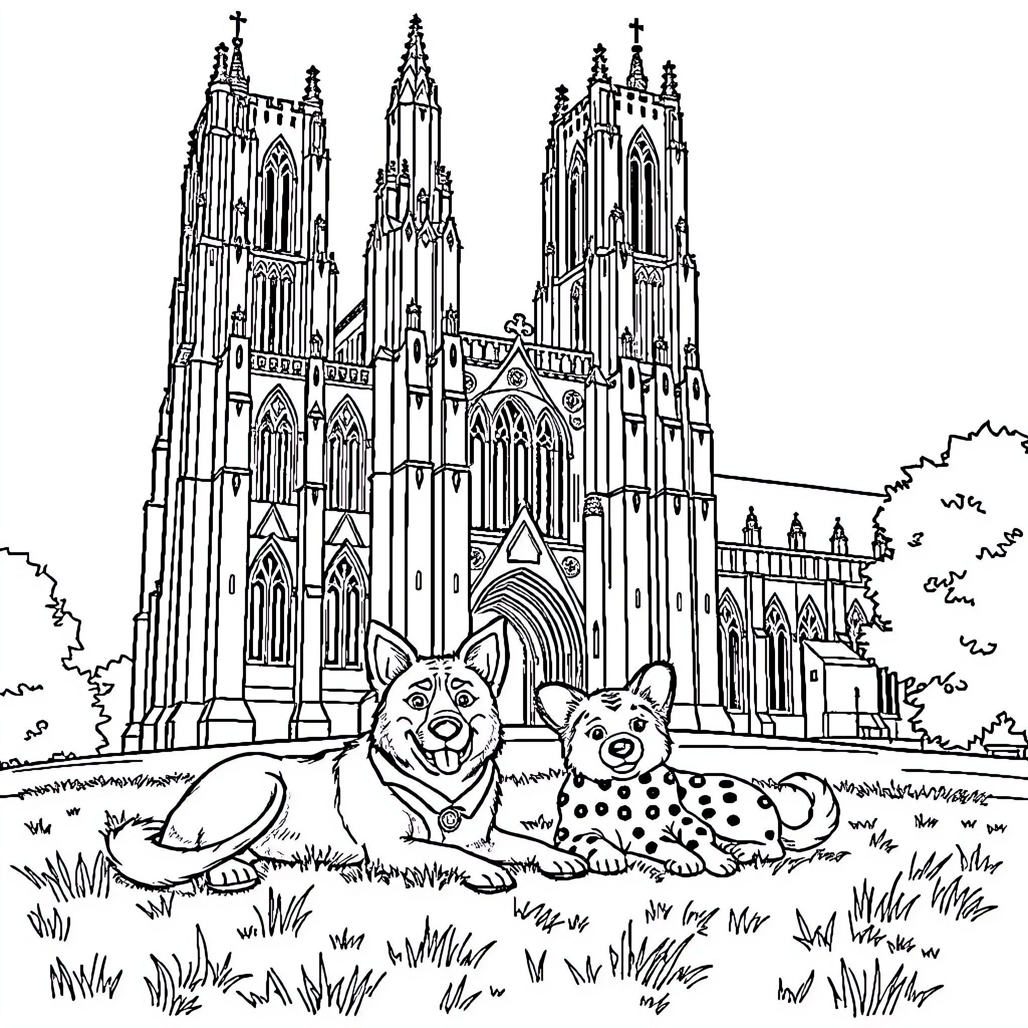 Bluey enjoying the scenery near the grand cathedral Coloring Page (free black-and-white line drawing printable PDF for all, from beginners to advanced learners, including children, teens, adults, and seniors)