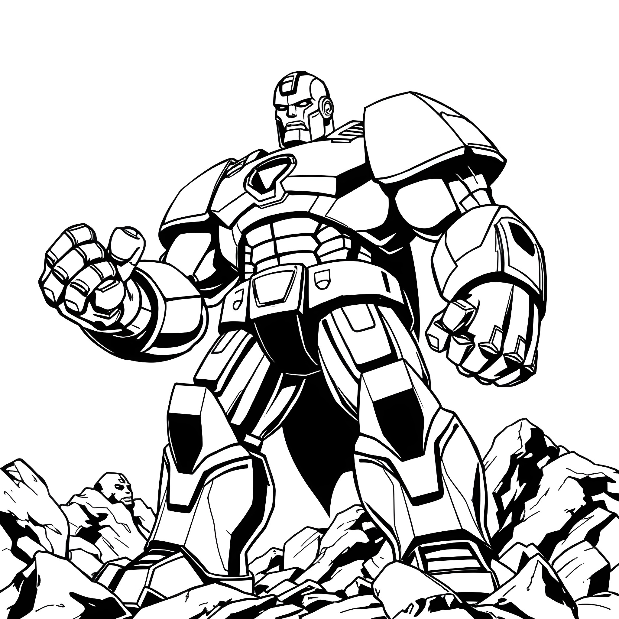 Giant Robotic Warrior Stands Tall Amid Destruction Coloring Page (free black-and-white line drawing printable PDF for all, from beginners to advanced learners, including children, teens, adults, and seniors)