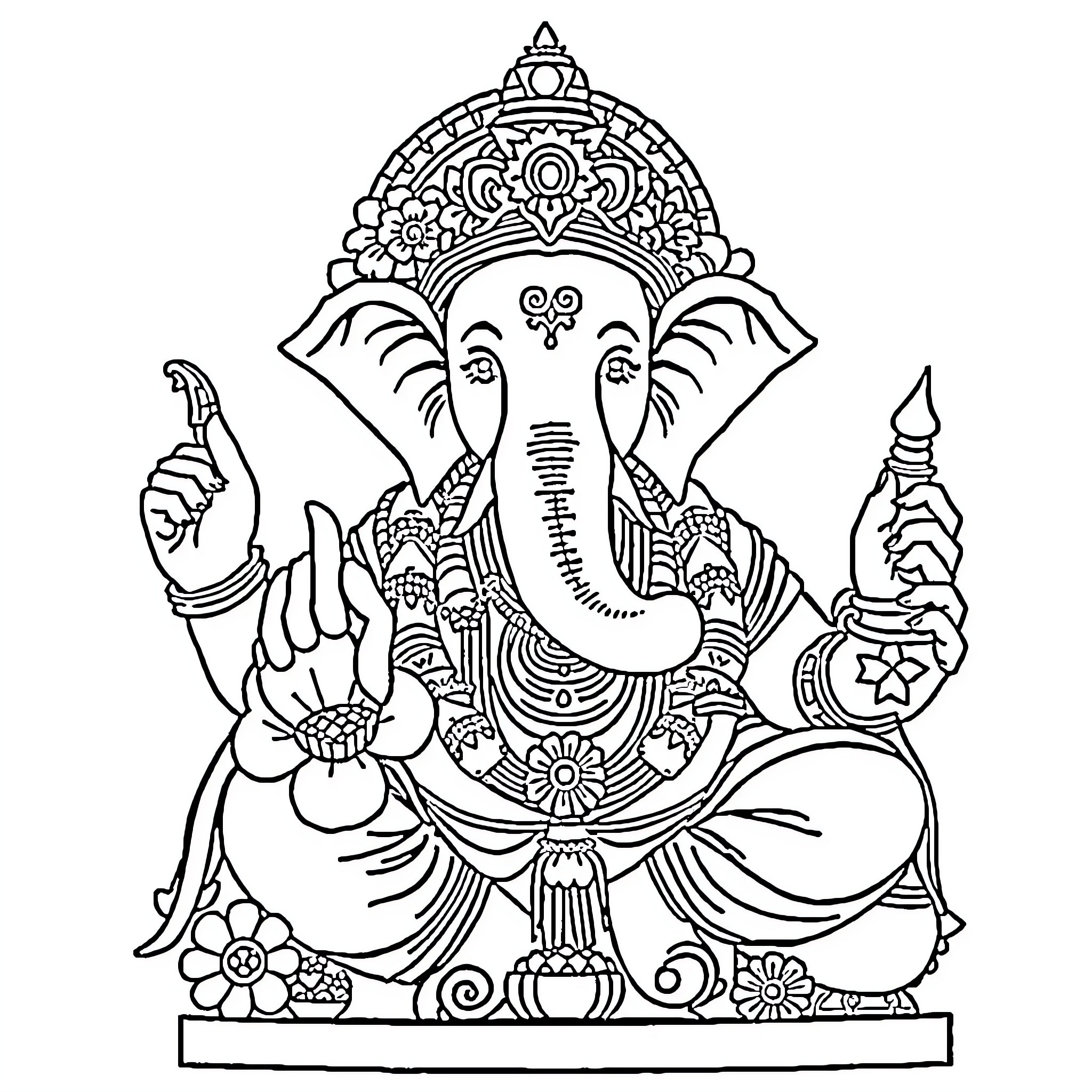 Ganesh Seated in Divine Pose Coloring Page (free black-and-white line drawing printable PDF for all, from beginners to advanced learners, including children, teens, adults, and seniors)