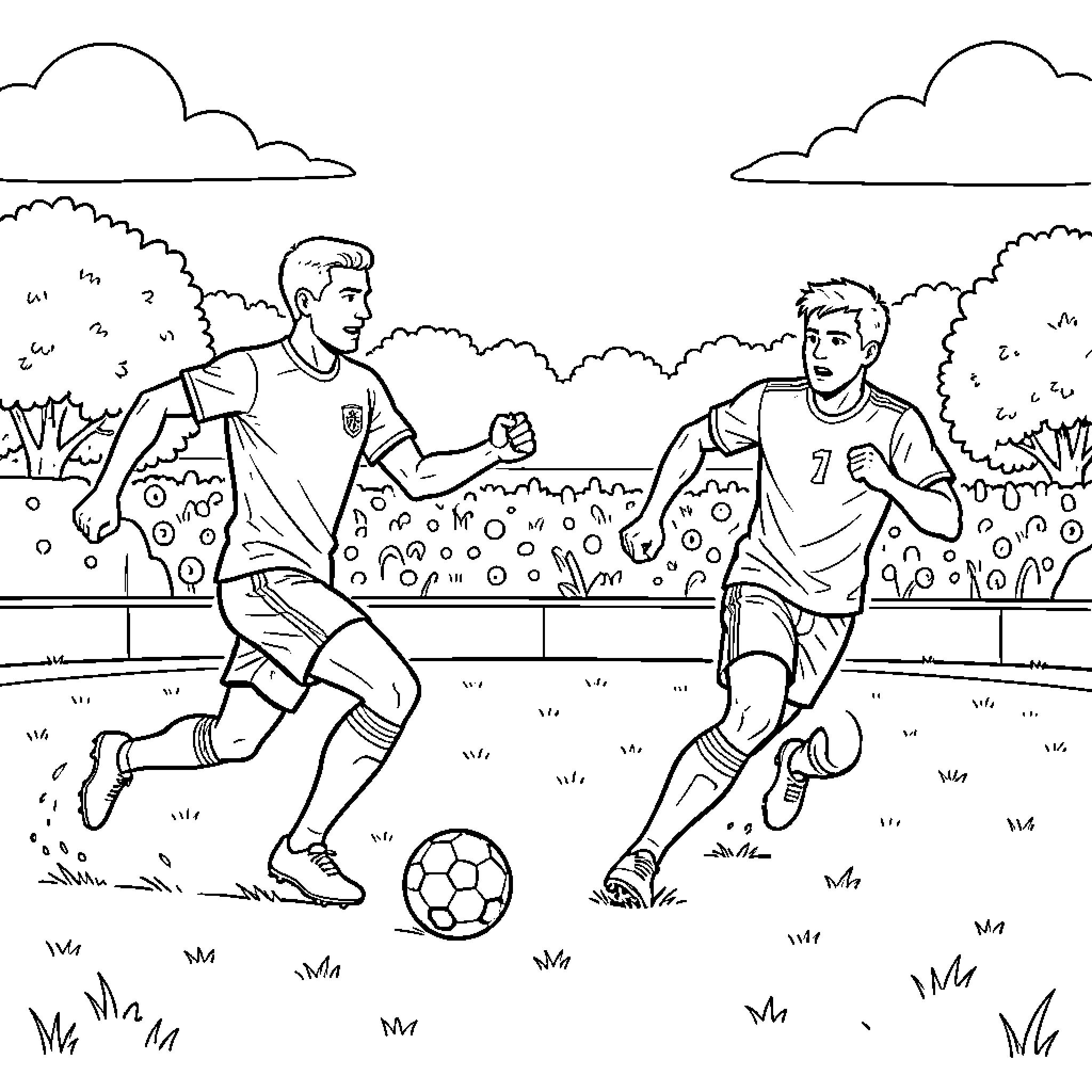 Soccer Player dribbling a ball during a match Coloring Page (free black-and-white line drawing printable PDF for all, from beginners to advanced learners, including children, teens, adults, and seniors)