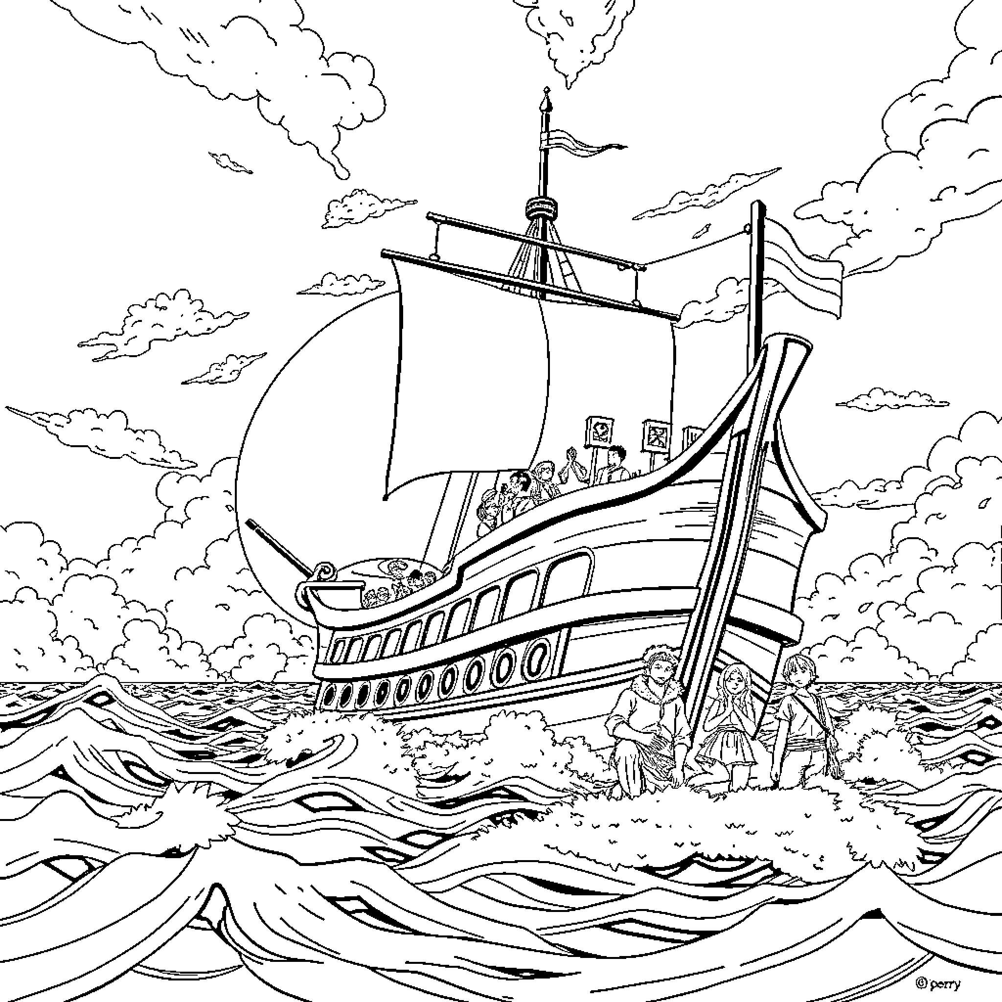 One Piece Pirate Ship Sailing the Stormy Seas Coloring Page (free black-and-white line drawing printable PDF for all, from beginners to advanced learners, including children, teens, adults, and seniors)