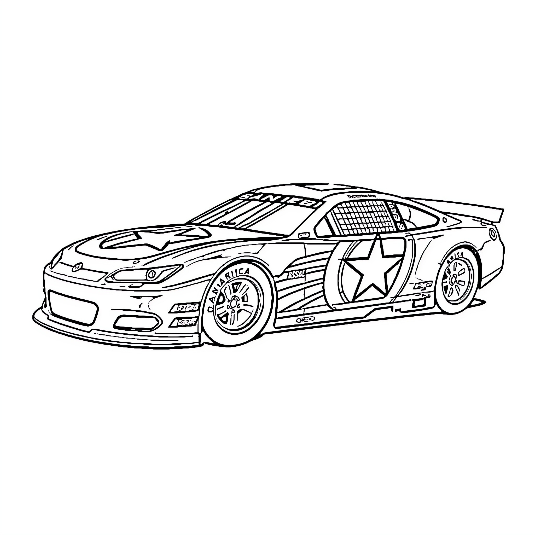 NASCAR Car with Detailed Racing Design Coloring Page (free black-and-white line drawing printable PDF for all, from beginners to advanced learners, including children, teens, adults, and seniors)