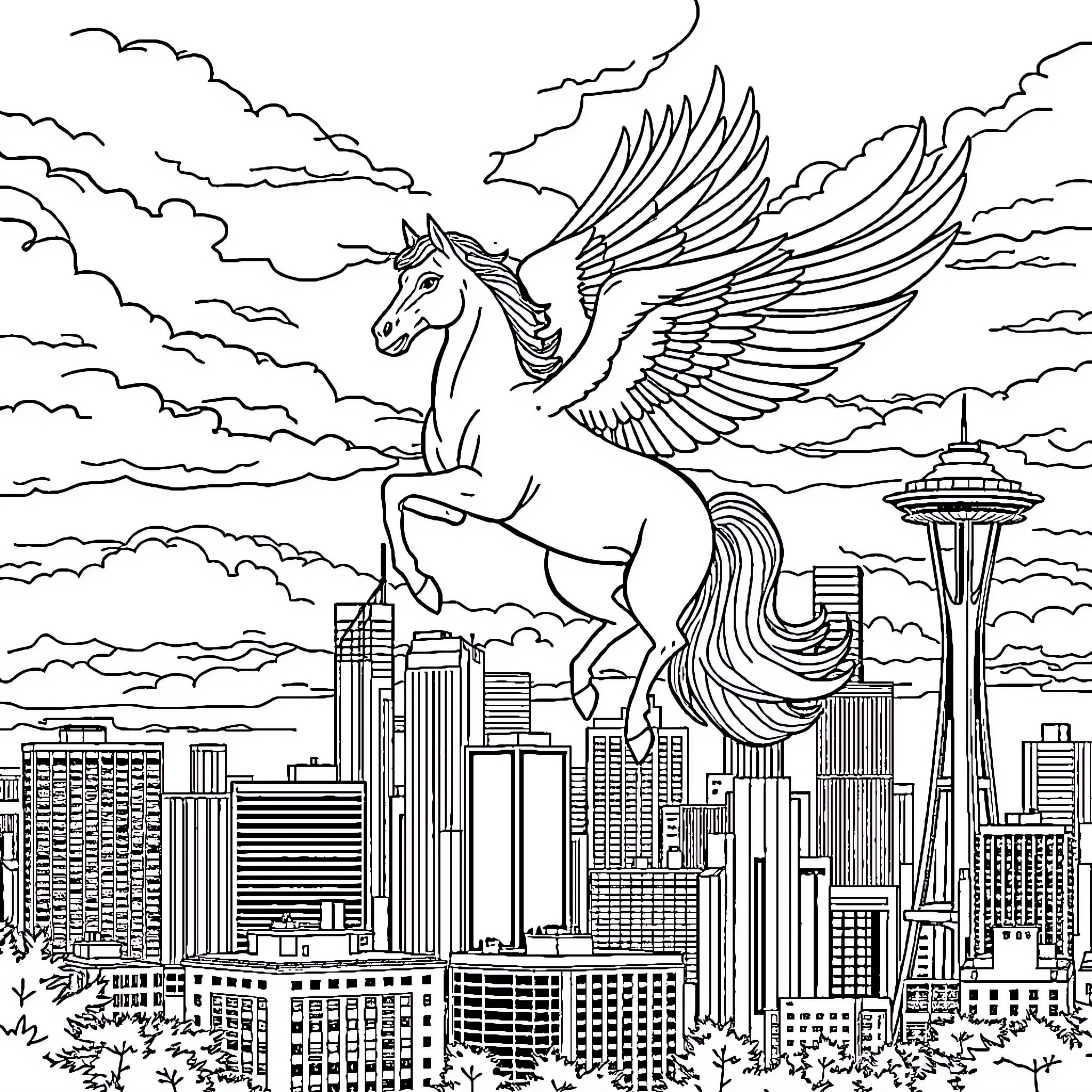 Pegasus soaring over the city skyline Coloring Page (free black-and-white line drawing printable PDF for all, from beginners to advanced learners, including children, teens, adults, and seniors)