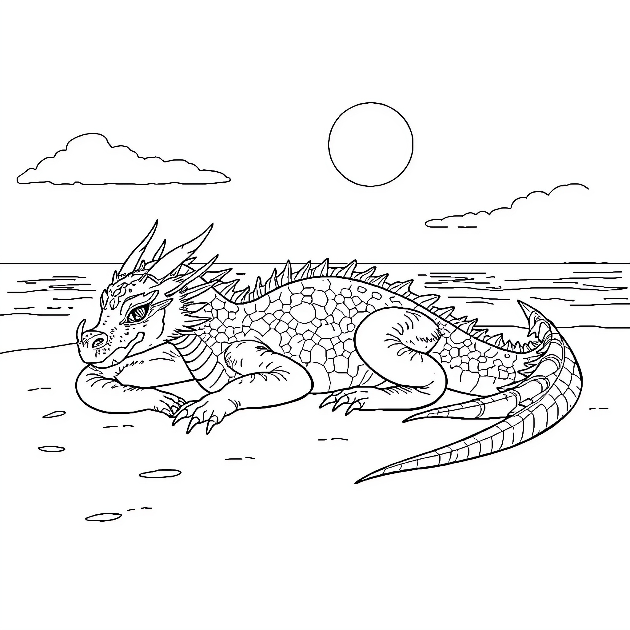 Dragon resting peacefully on the shore Coloring Page (free black-and-white line drawing printable PDF for all, from beginners to advanced learners, including children, teens, adults, and seniors)