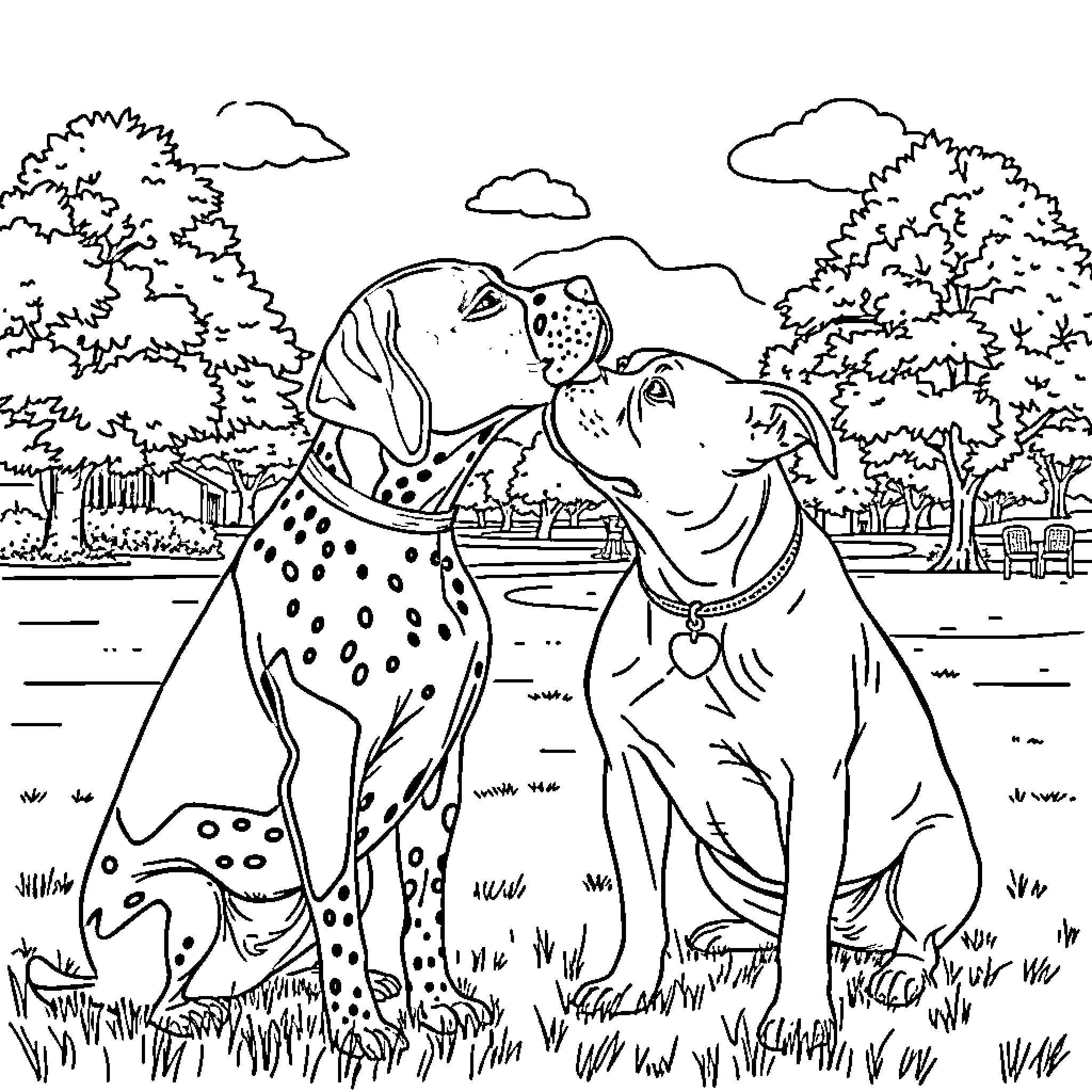 Dog friends playing joyfully in the park Coloring Page (free black-and-white line drawing printable PDF for all, from beginners to advanced learners, including children, teens, adults, and seniors)