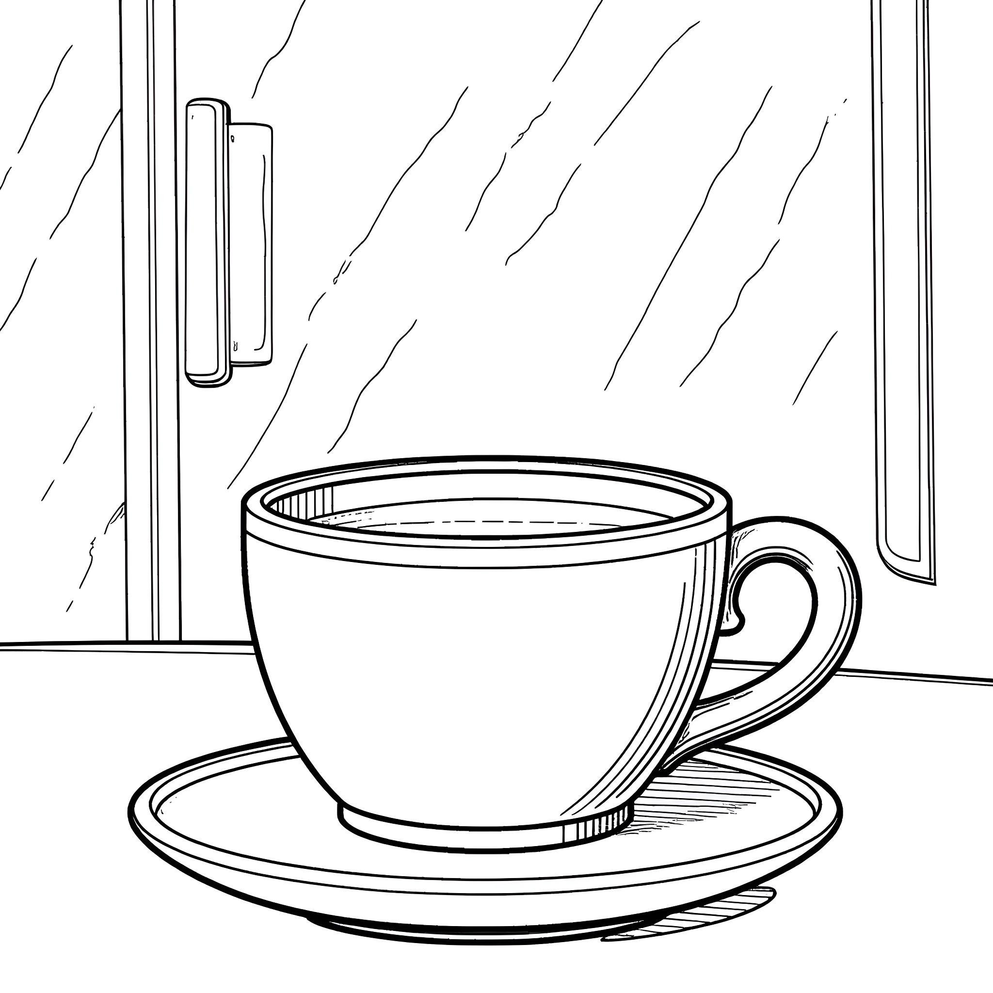 Coffee Cup on Windowsill Coloring Page (free black-and-white line drawing printable PDF for all, from beginners to advanced learners, including children, teens, adults, and seniors)