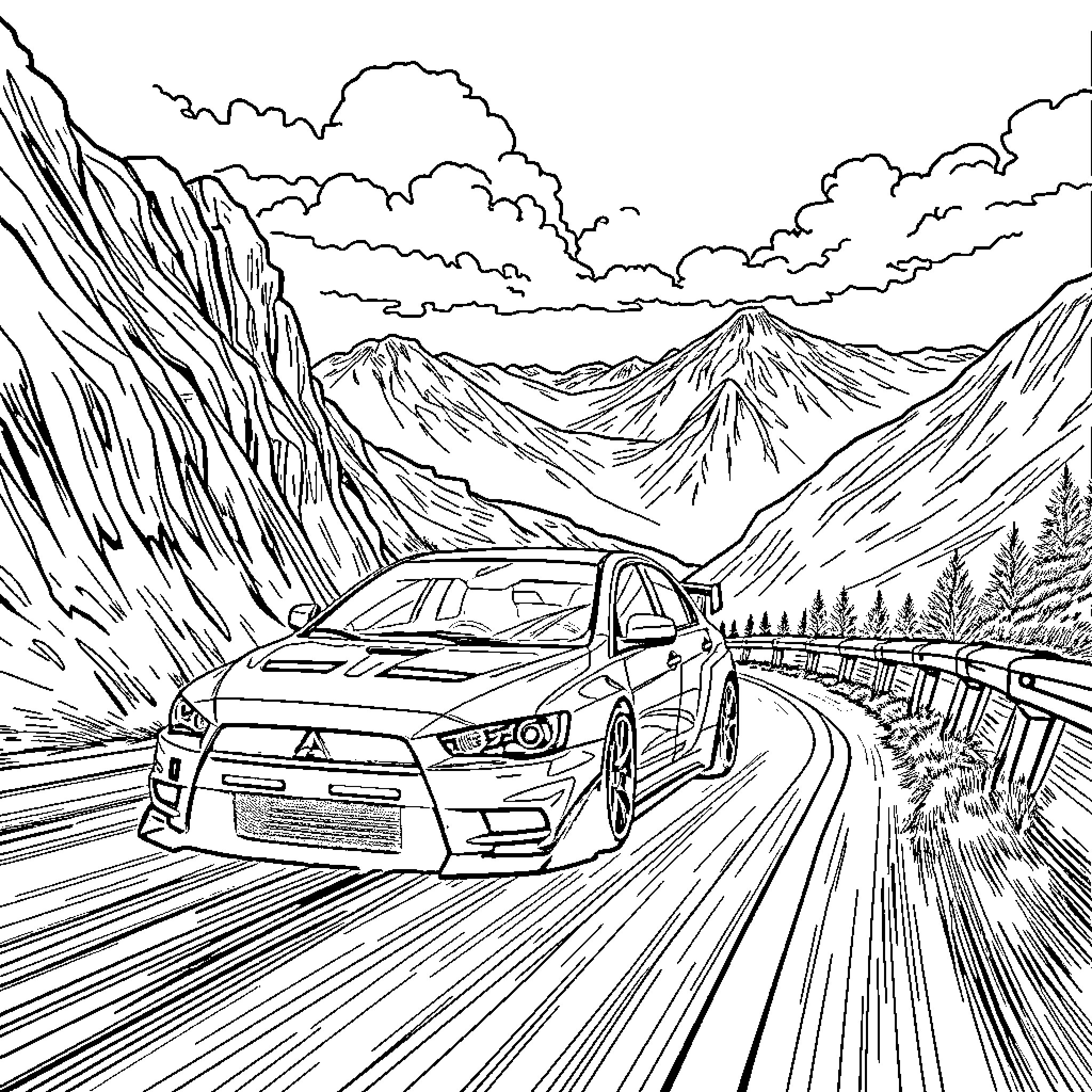 Lancer racing through the scenic mountain pass Coloring Page (free black-and-white line drawing printable PDF for all, from beginners to advanced learners, including children, teens, adults, and seniors)
