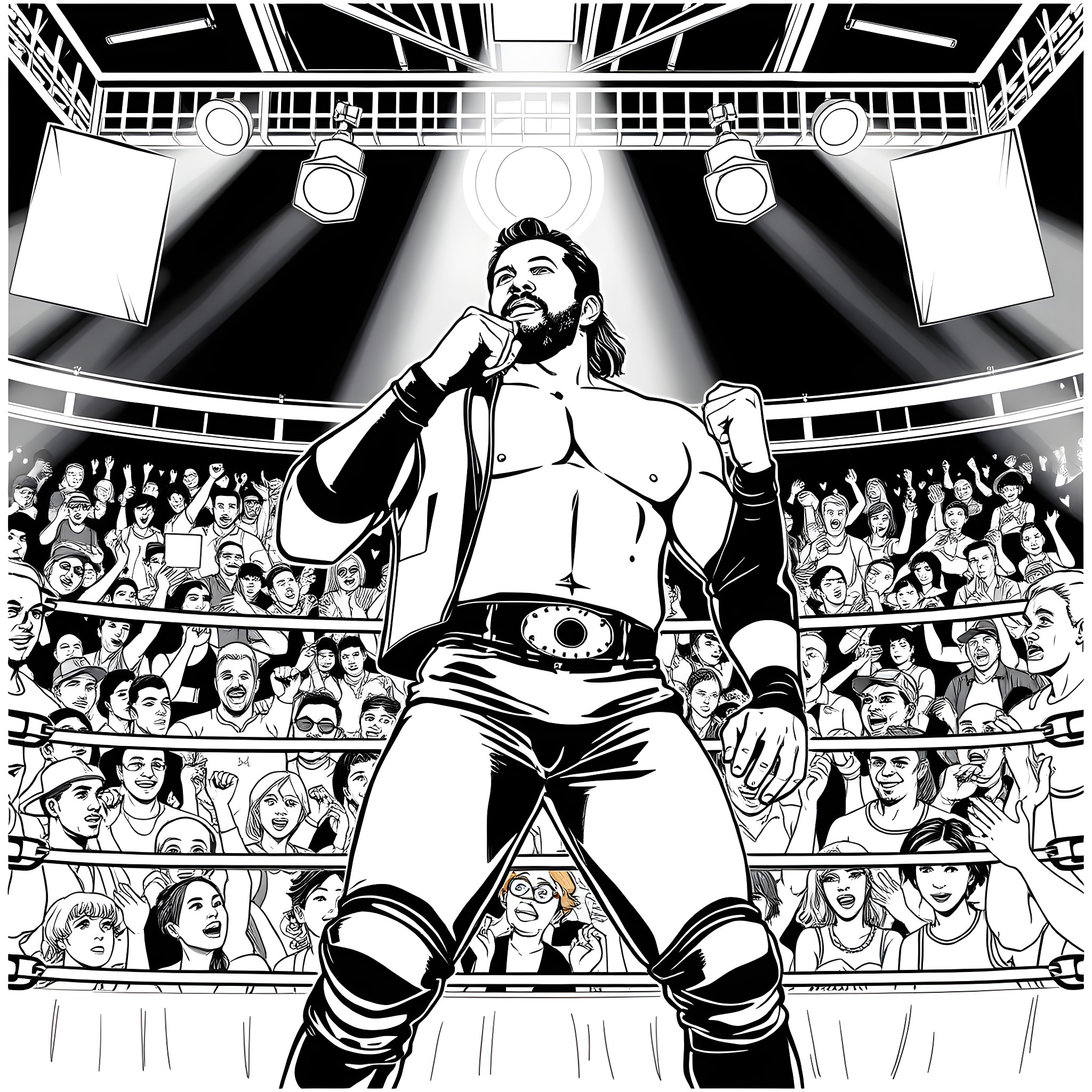 Jey Uso triumphant in the wrestling ring Coloring Page (free black-and-white line drawing printable PDF for all, from beginners to advanced learners, including children, teens, adults, and seniors)