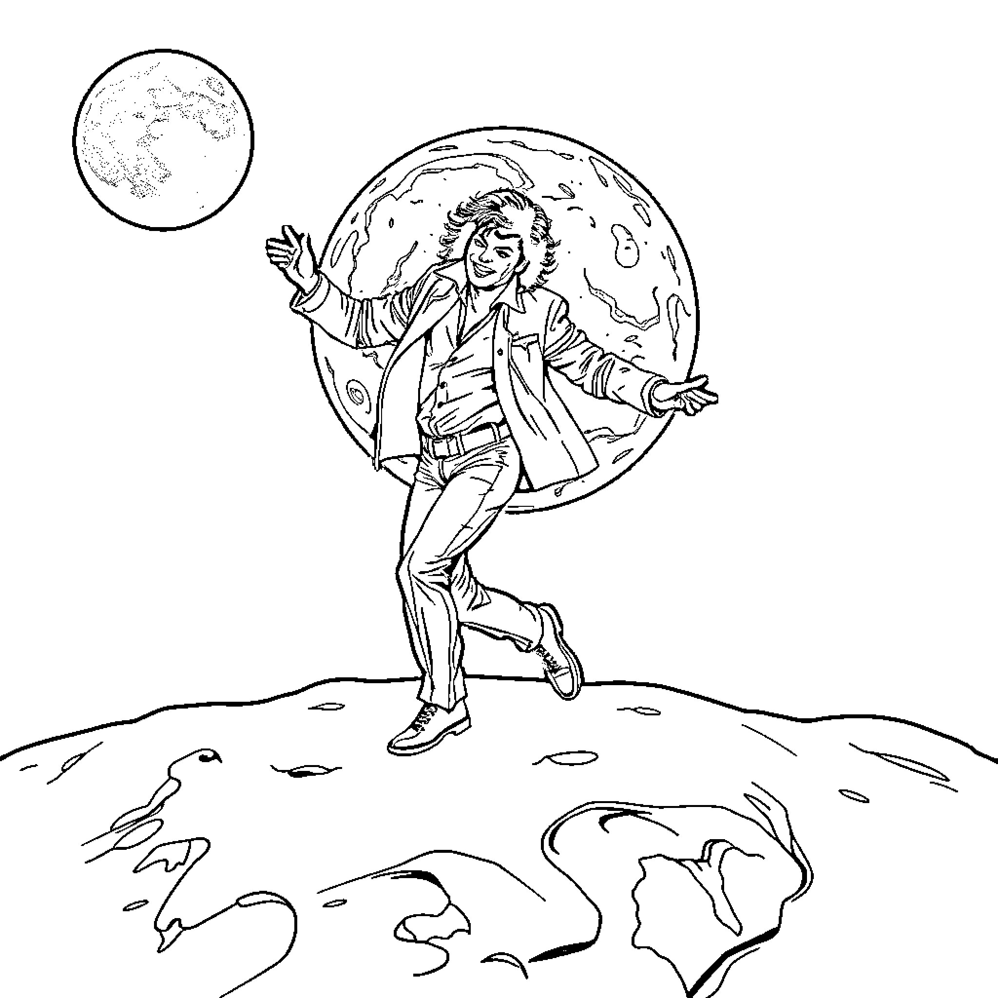 Michael Jackson performing joyful dance on the moon Coloring Page (free black-and-white line drawing printable PDF for all, from beginners to advanced learners, including children, teens, adults, and seniors)