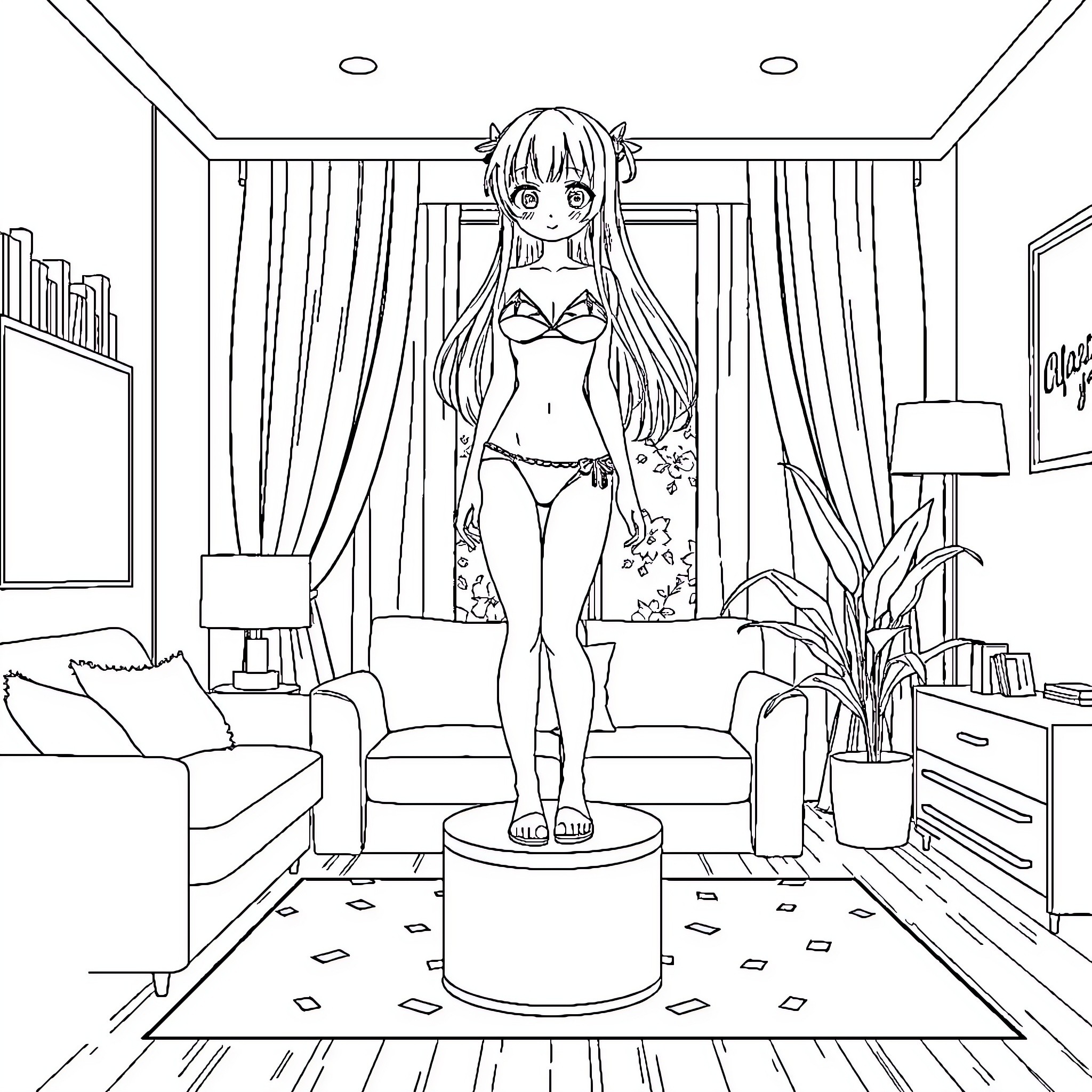 Anime Girl Posing Confidently in Bedroom Setting Coloring Page (free black-and-white line drawing printable PDF for all, from beginners to advanced learners, including children, teens, adults, and seniors)