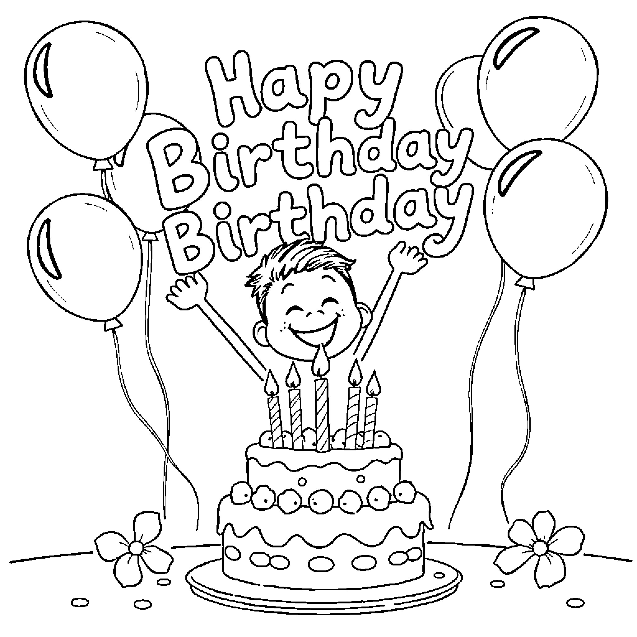 Raphael's Happy Birthday Celebration with Cake and Balloons Coloring Page (free black-and-white line drawing printable PDF for all, from beginners to advanced learners, including children, teens, adults, and seniors)
