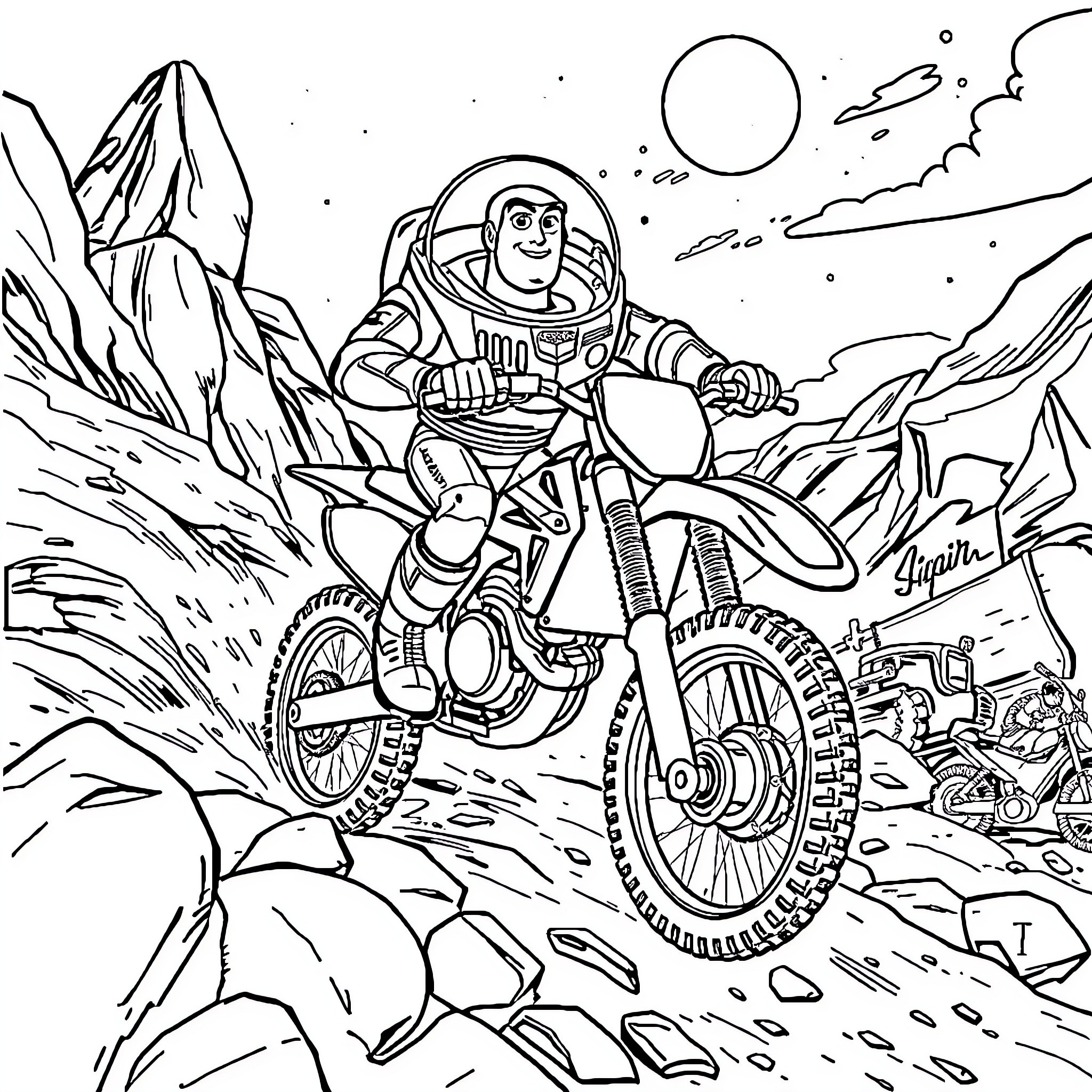 Buzz Lightyear rides a futuristic motorcycle on an alien planet Coloring Page (free black-and-white line drawing printable PDF for all, from beginners to advanced learners, including children, teens, adults, and seniors)
