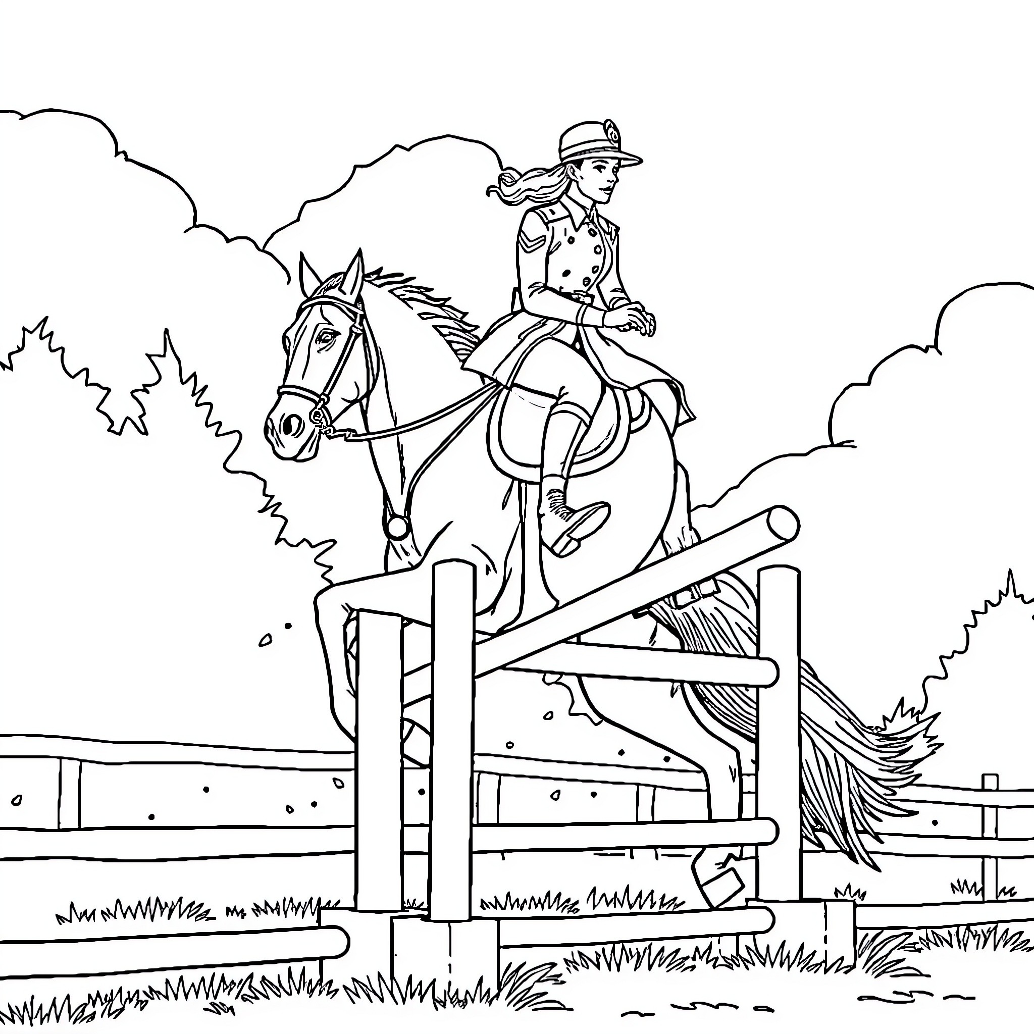 Cavalier Rider Leaps Over Obstacle on Horseback Coloring Page (free black-and-white line drawing printable PDF for all, from beginners to advanced learners, including children, teens, adults, and seniors)