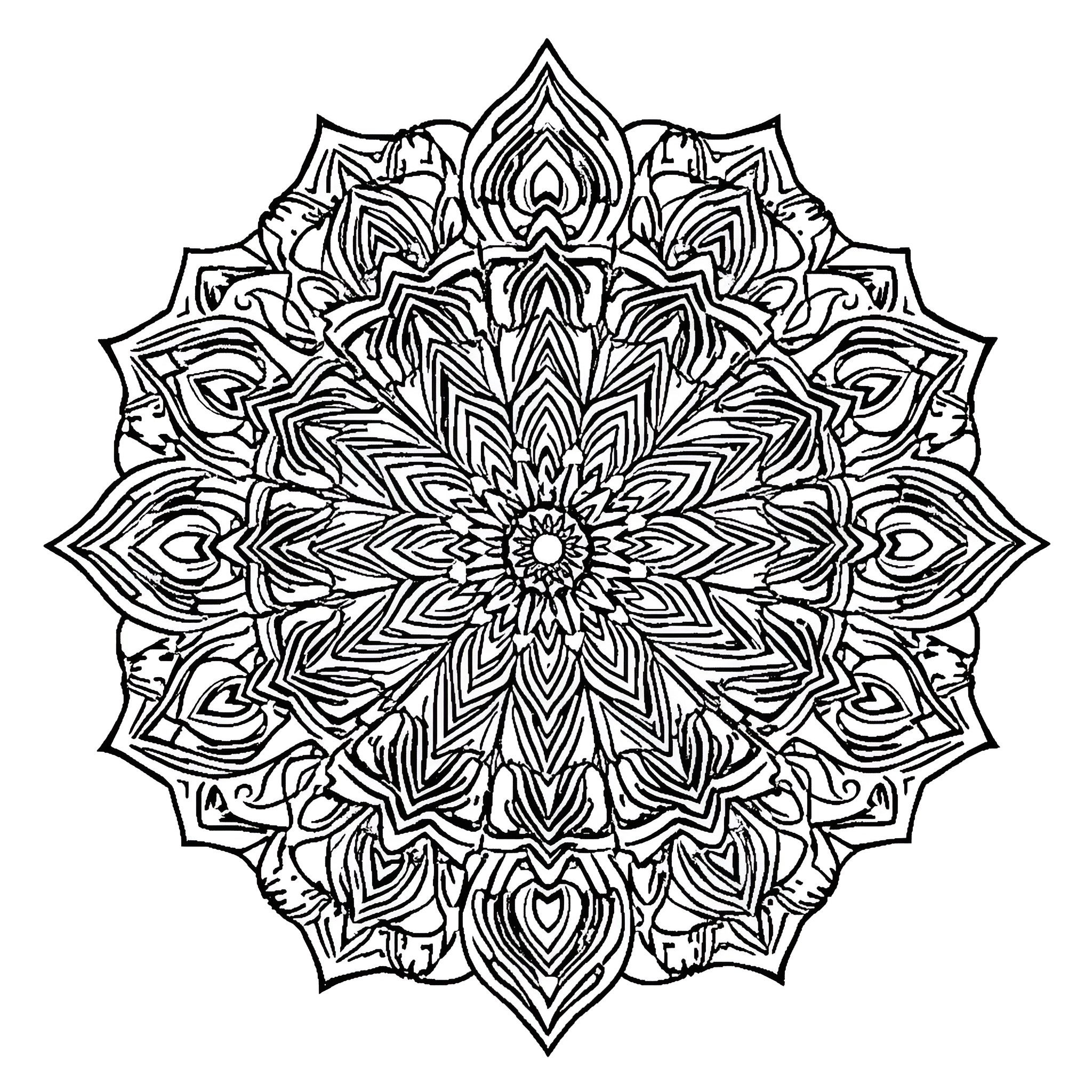Mandala of intricate floral patterns and shapes Coloring Page (free black-and-white line drawing printable PDF for all, from beginners to advanced learners, including children, teens, adults, and seniors)