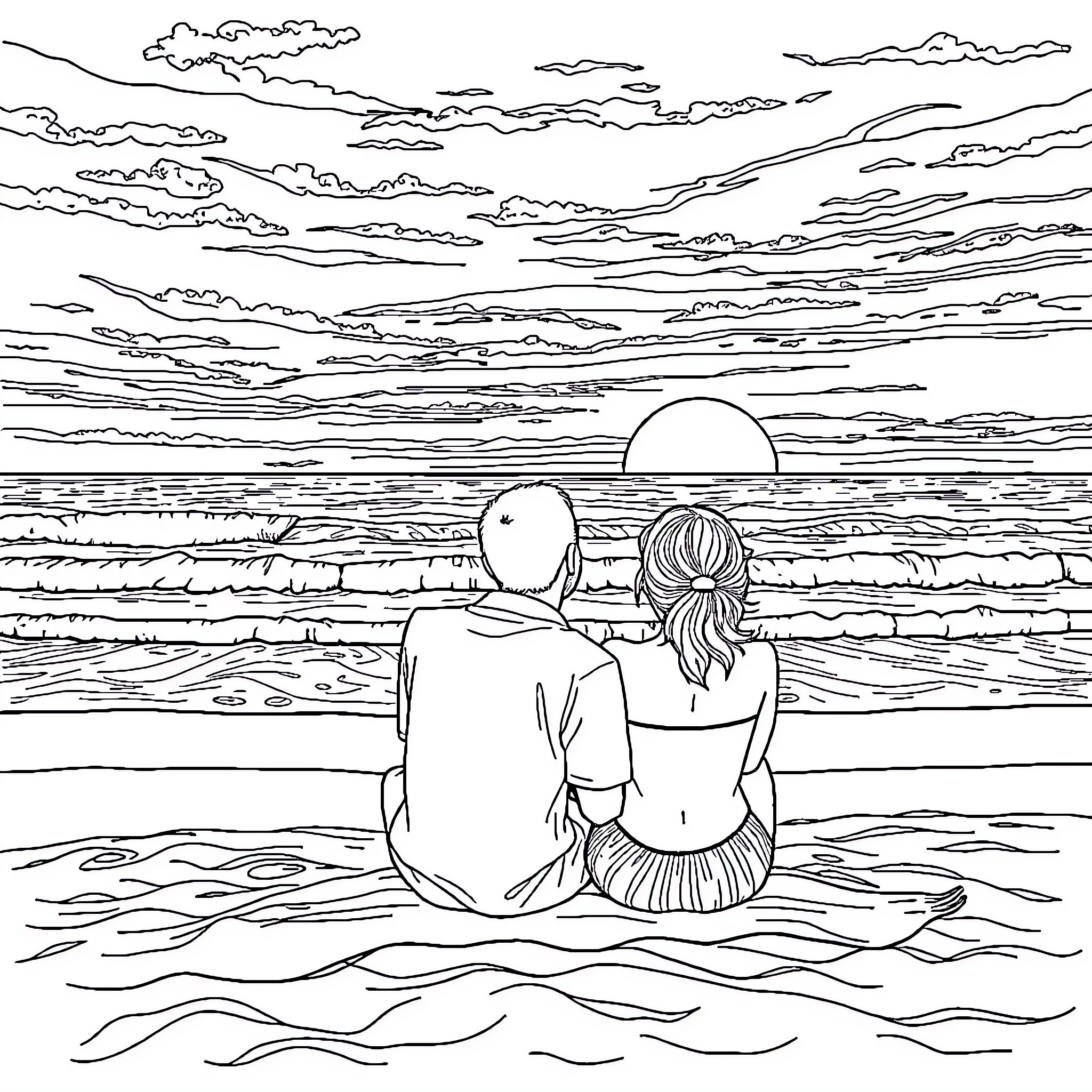 Couple enjoying romantic sunset by the sea Coloring Page (free black-and-white line drawing printable PDF for all, from beginners to advanced learners, including children, teens, adults, and seniors)