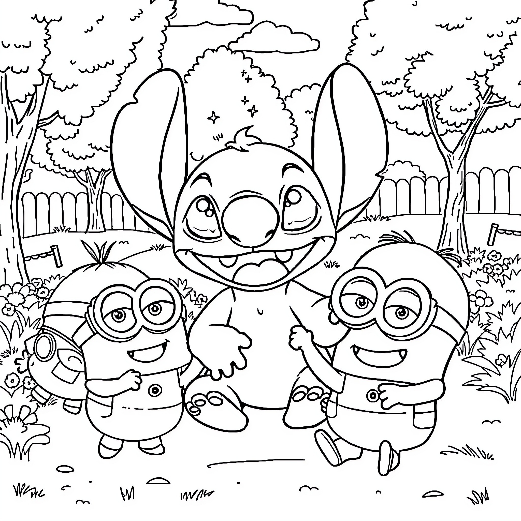 Stitch and Minions explore the enchanted forest Coloring Page (free black-and-white line drawing printable PDF for all, from beginners to advanced learners, including children, teens, adults, and seniors)