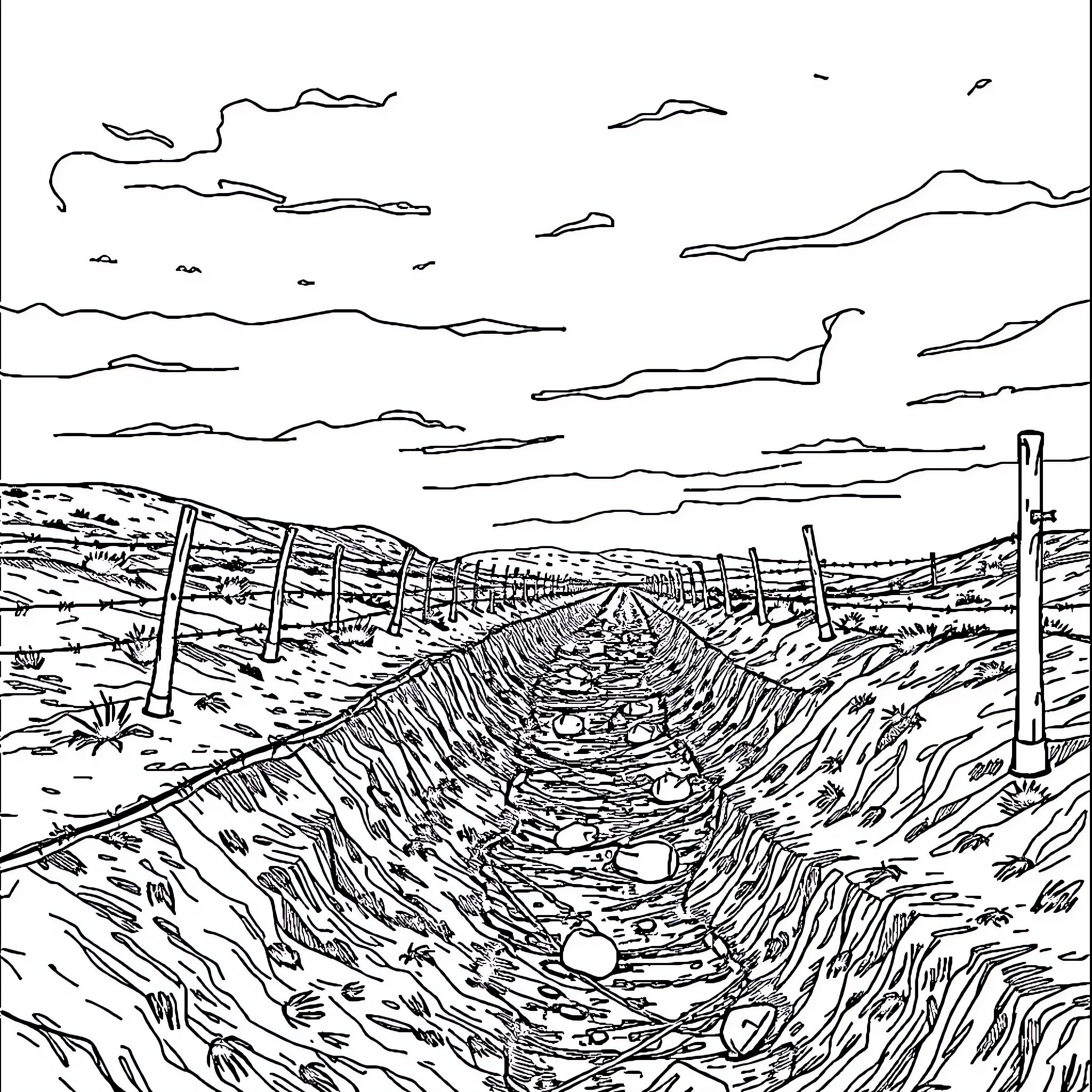 No Man's Land: Abandoned Rural Landscape Coloring Page (free black-and-white line drawing printable PDF for all, from beginners to advanced learners, including children, teens, adults, and seniors)