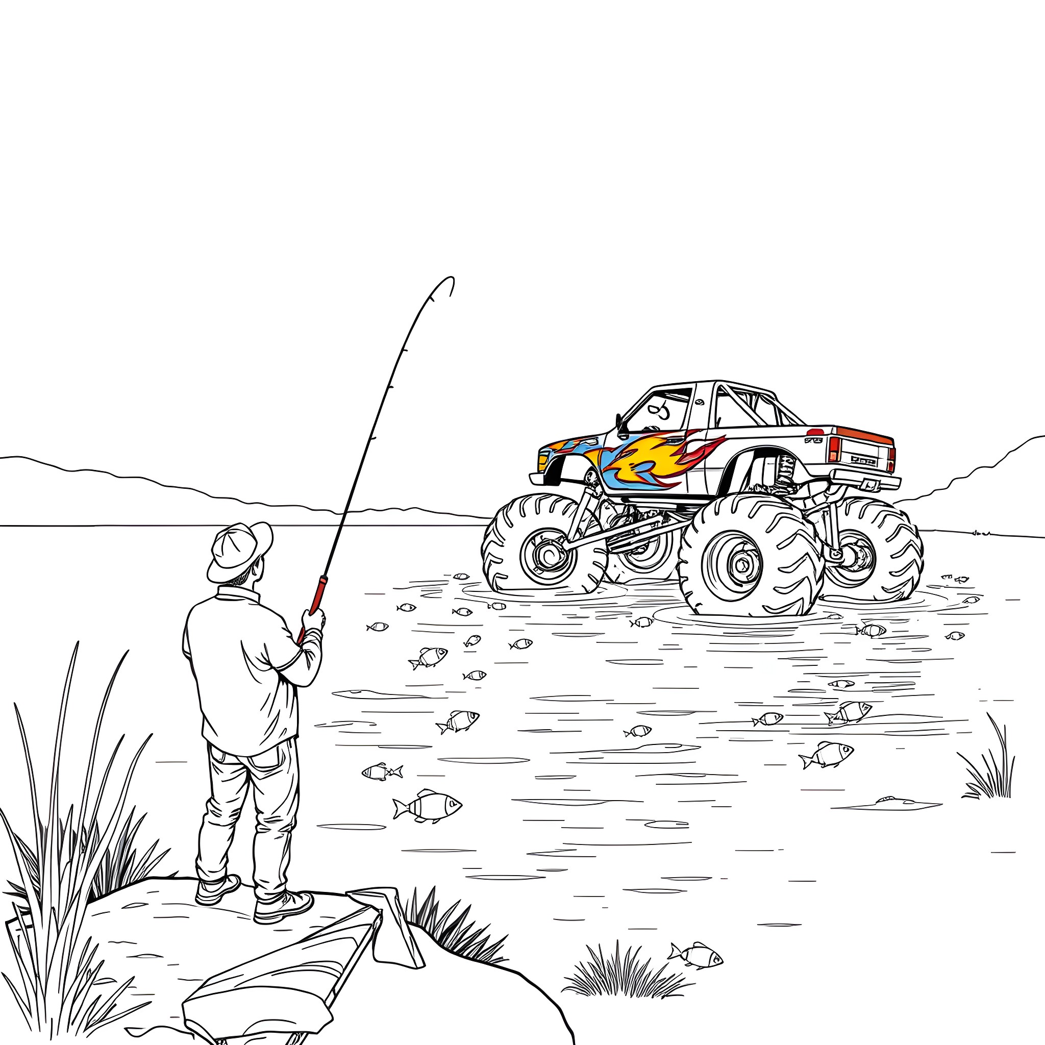 Fisherman observing Monster Truck in the water Coloring Page (free black-and-white line drawing printable PDF for all, from beginners to advanced learners, including children, teens, adults, and seniors)