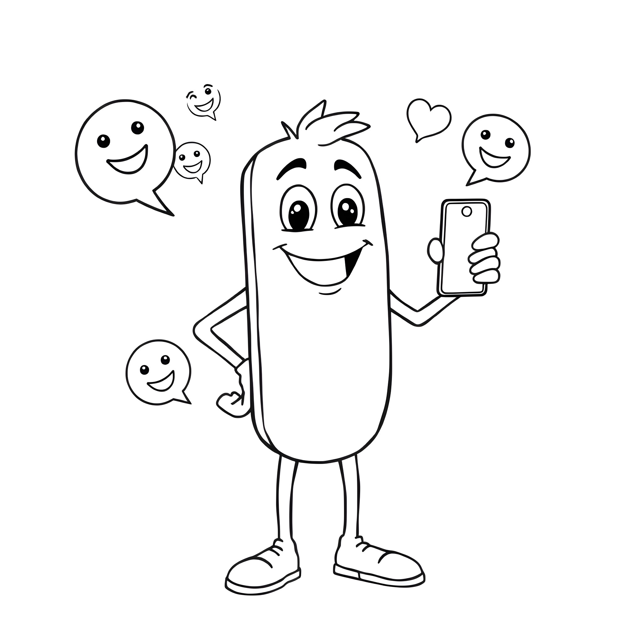 Cell character taking selfie with happy speech bubbles Coloring Page (free black-and-white line drawing printable PDF for all, from beginners to advanced learners, including children, teens, adults, and seniors)