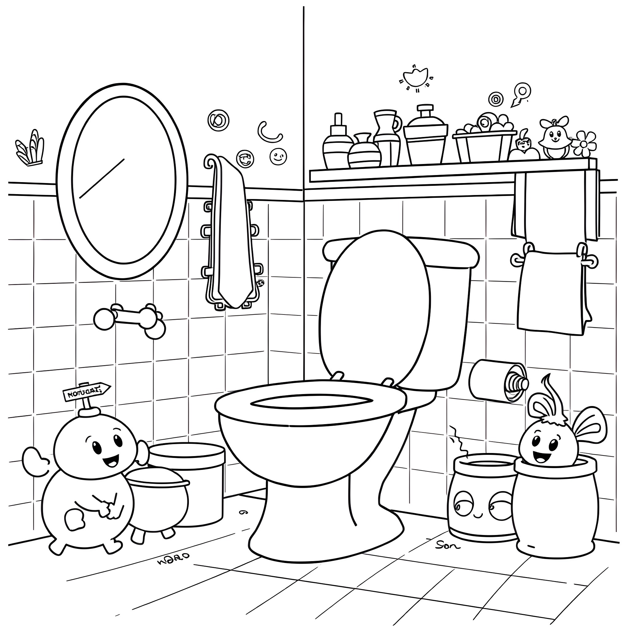 Potty Time for Cute Cartoon Characters Coloring Page (free black-and-white line drawing printable PDF for all, from beginners to advanced learners, including children, teens, adults, and seniors)