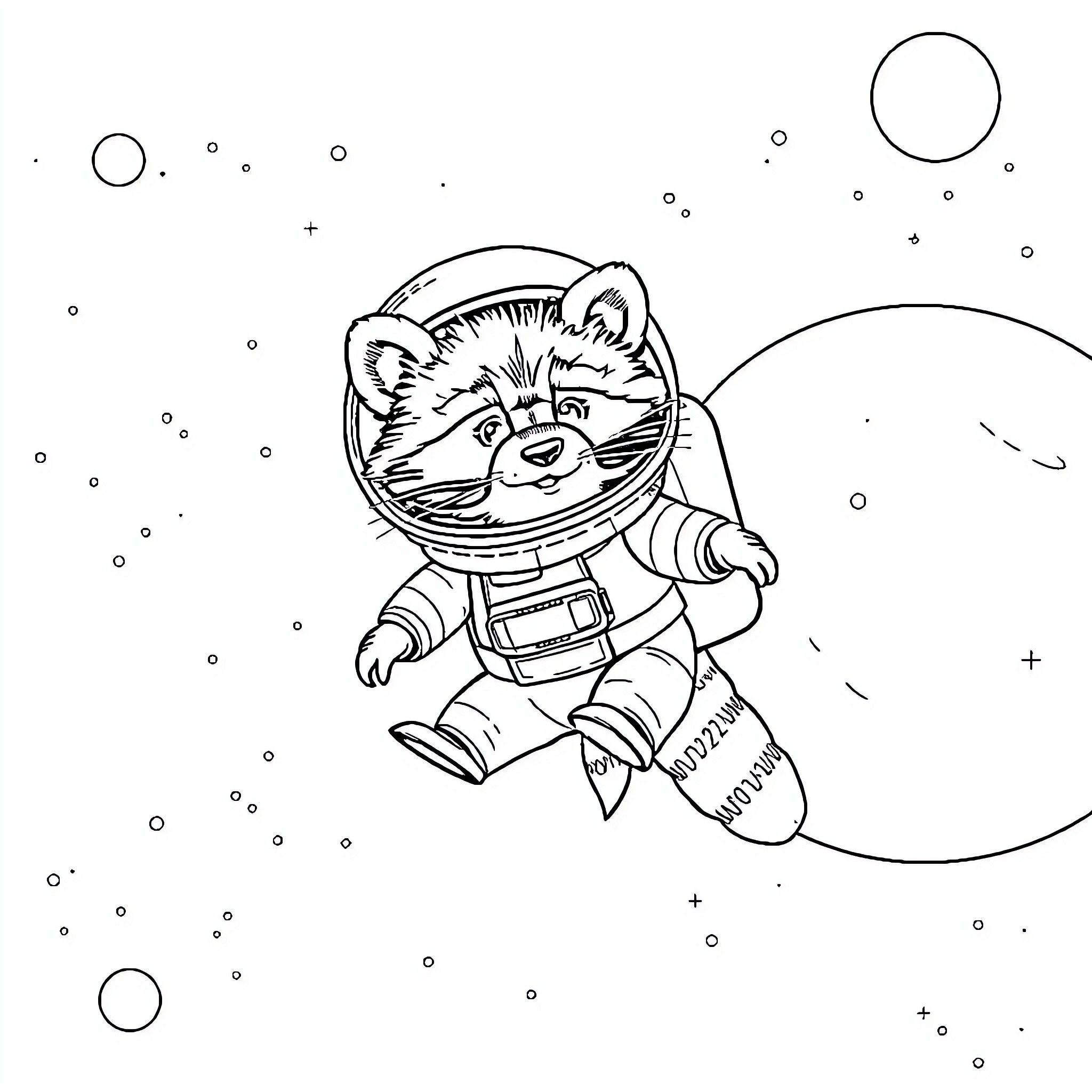 Raccoon astronaut exploring the cosmos Coloring Page (free black-and-white line drawing printable PDF for all, from beginners to advanced learners, including children, teens, adults, and seniors)
