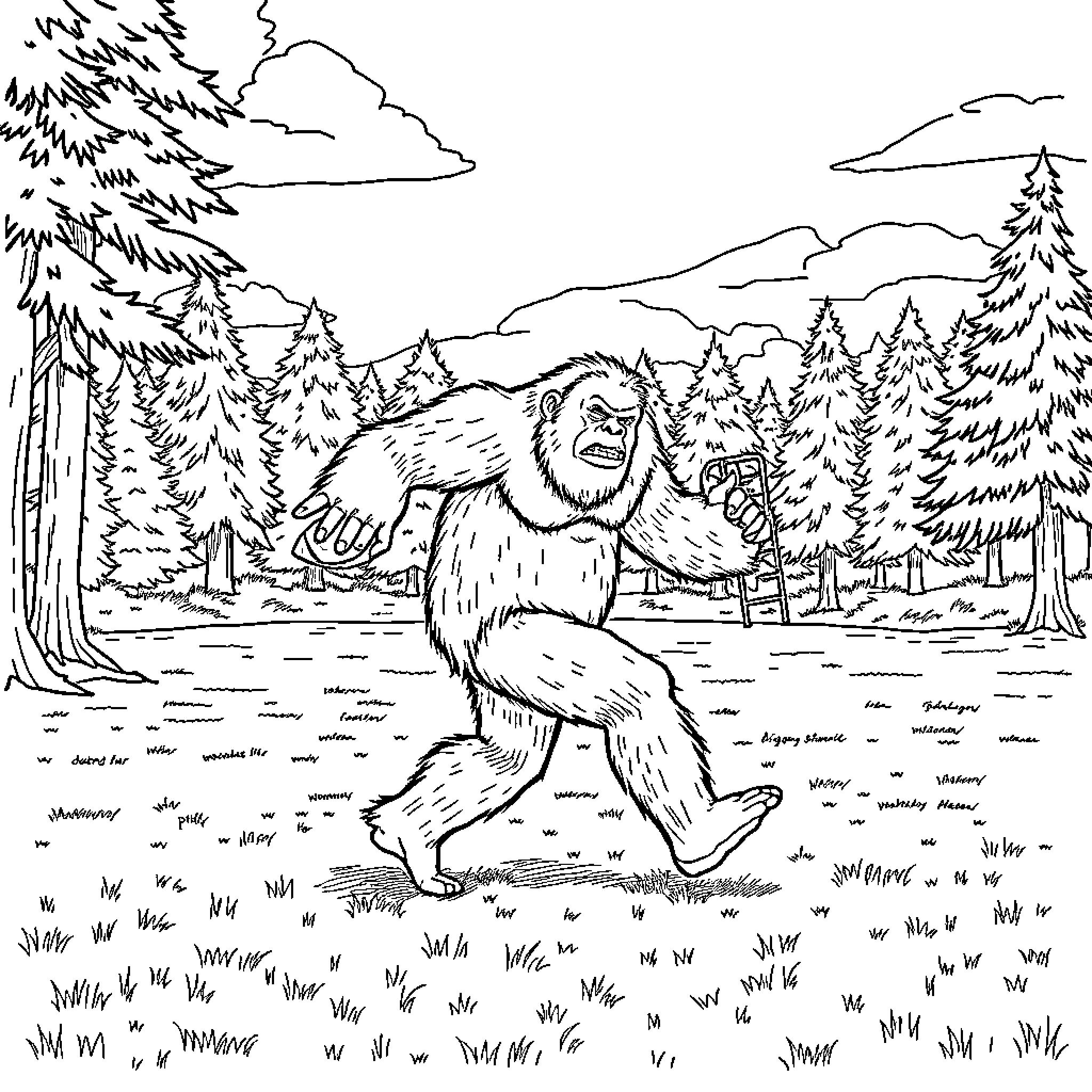 Bigfoot Roaming Through the Snowy Forest Coloring Page (free black-and-white line drawing printable PDF for all, from beginners to advanced learners, including children, teens, adults, and seniors)