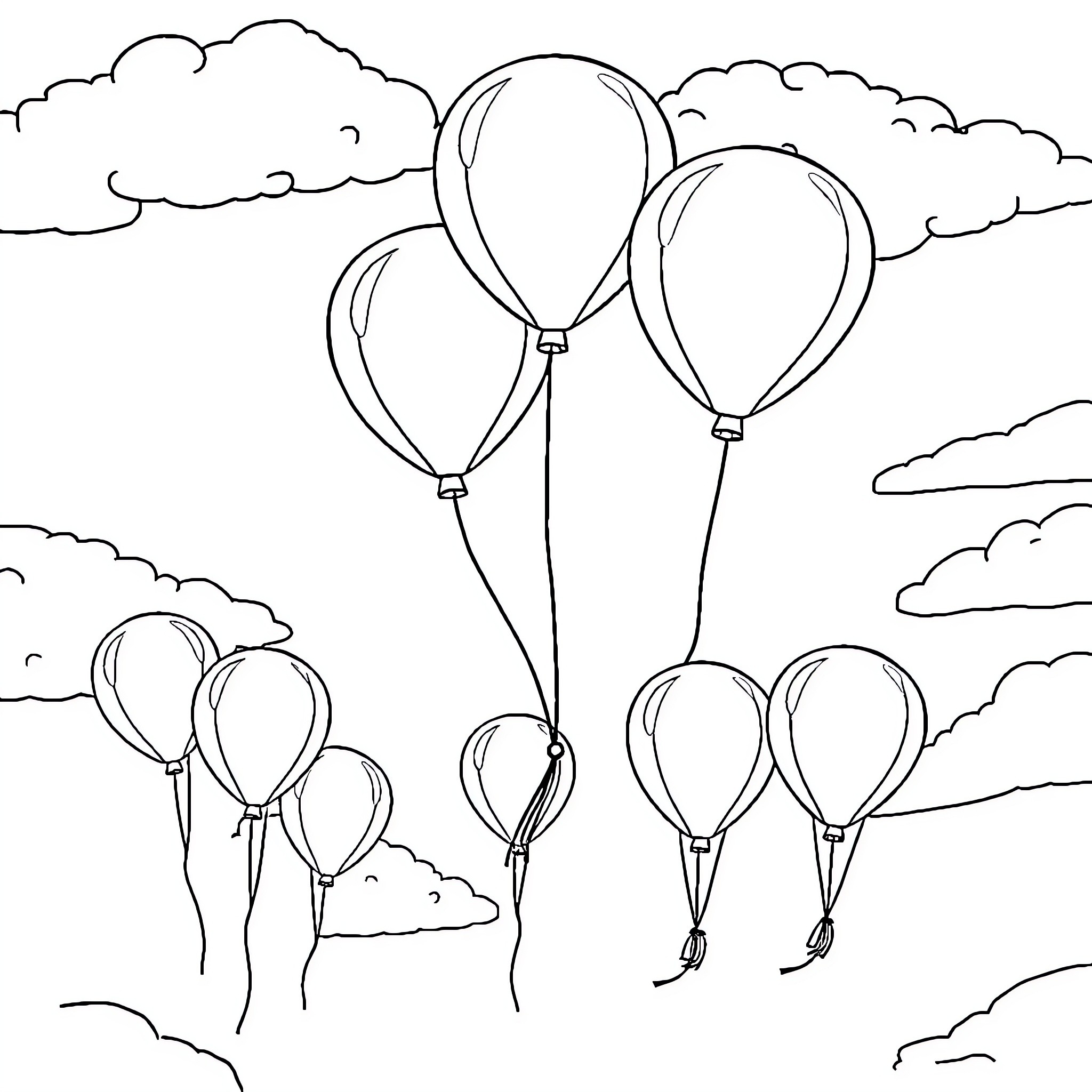 Balloon Ascent in the Cloudy Sky Coloring Page (free black-and-white line drawing printable PDF for all, from beginners to advanced learners, including children, teens, adults, and seniors)