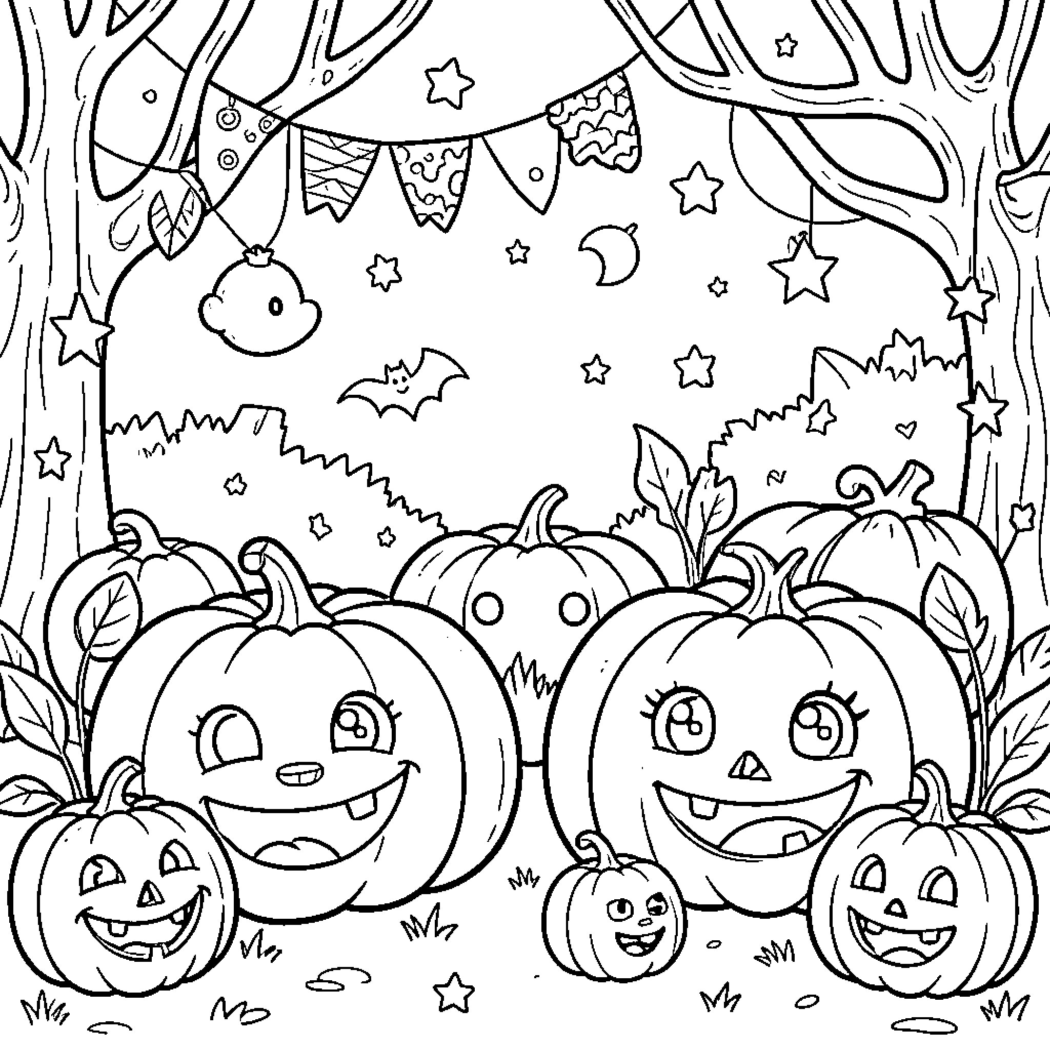 Halloween smiling pumpkins in a spooky forest scene Coloring Page (free black-and-white line drawing printable PDF for all, from beginners to advanced learners, including children, teens, adults, and seniors)