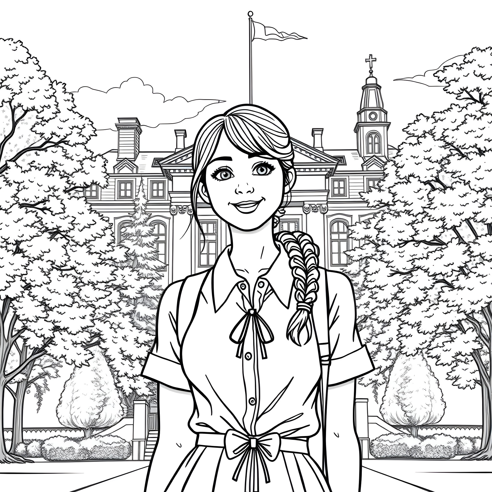 Woman standing in front of ornate building with flag Coloring Page (free black-and-white line drawing printable PDF for all, from beginners to advanced learners, including children, teens, adults, and seniors)