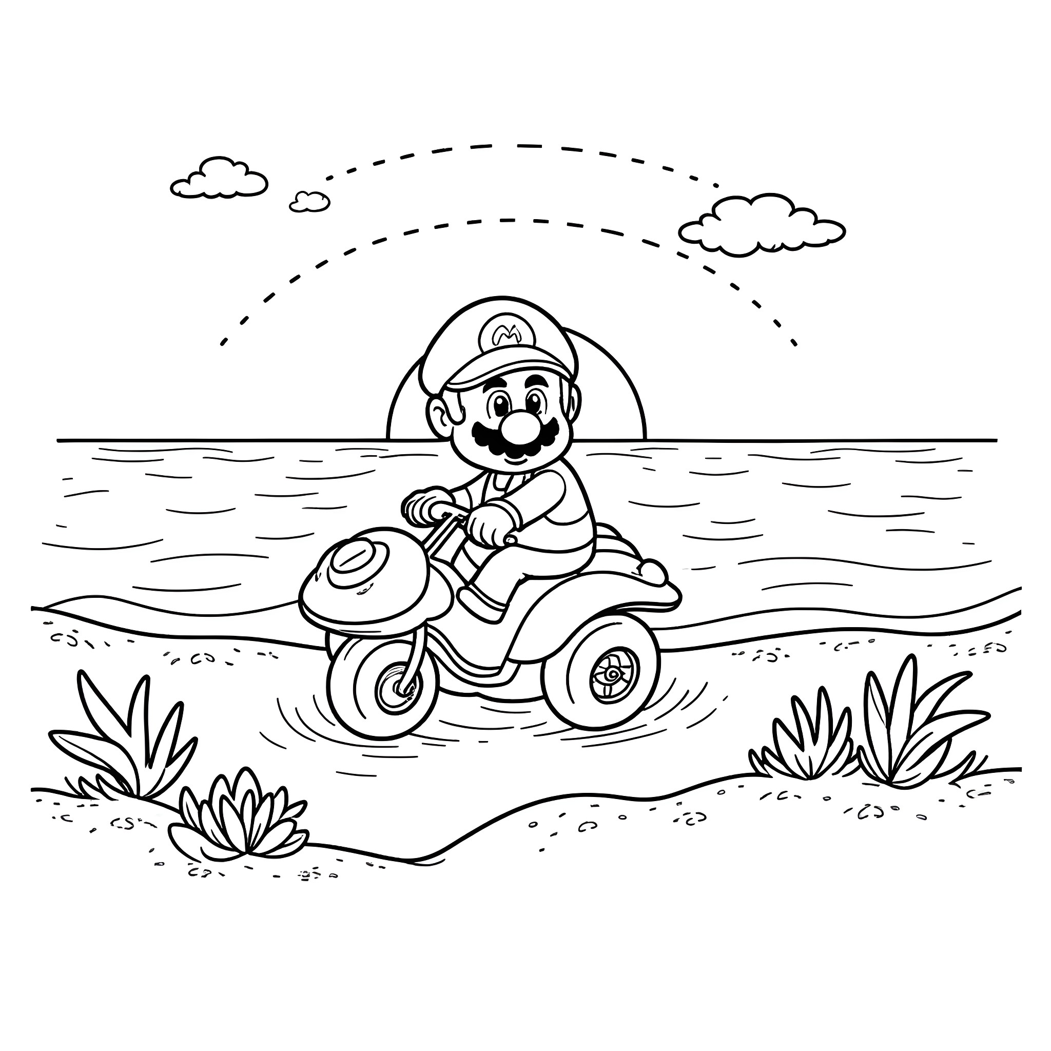 Mario riding scooter in outdoor scene Coloring Page (free black-and-white line drawing printable PDF for all, from beginners to advanced learners, including children, teens, adults, and seniors)