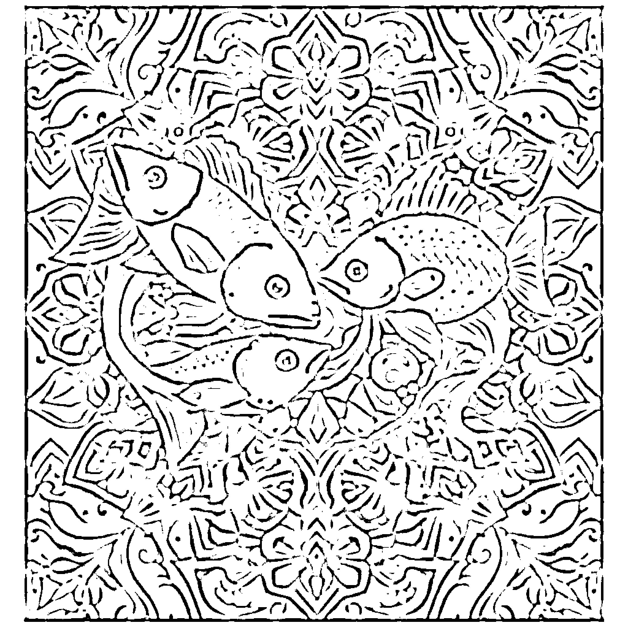 Fish swimming in intricate patterns Coloring Page (free black-and-white line drawing printable PDF for all, from beginners to advanced learners, including children, teens, adults, and seniors)