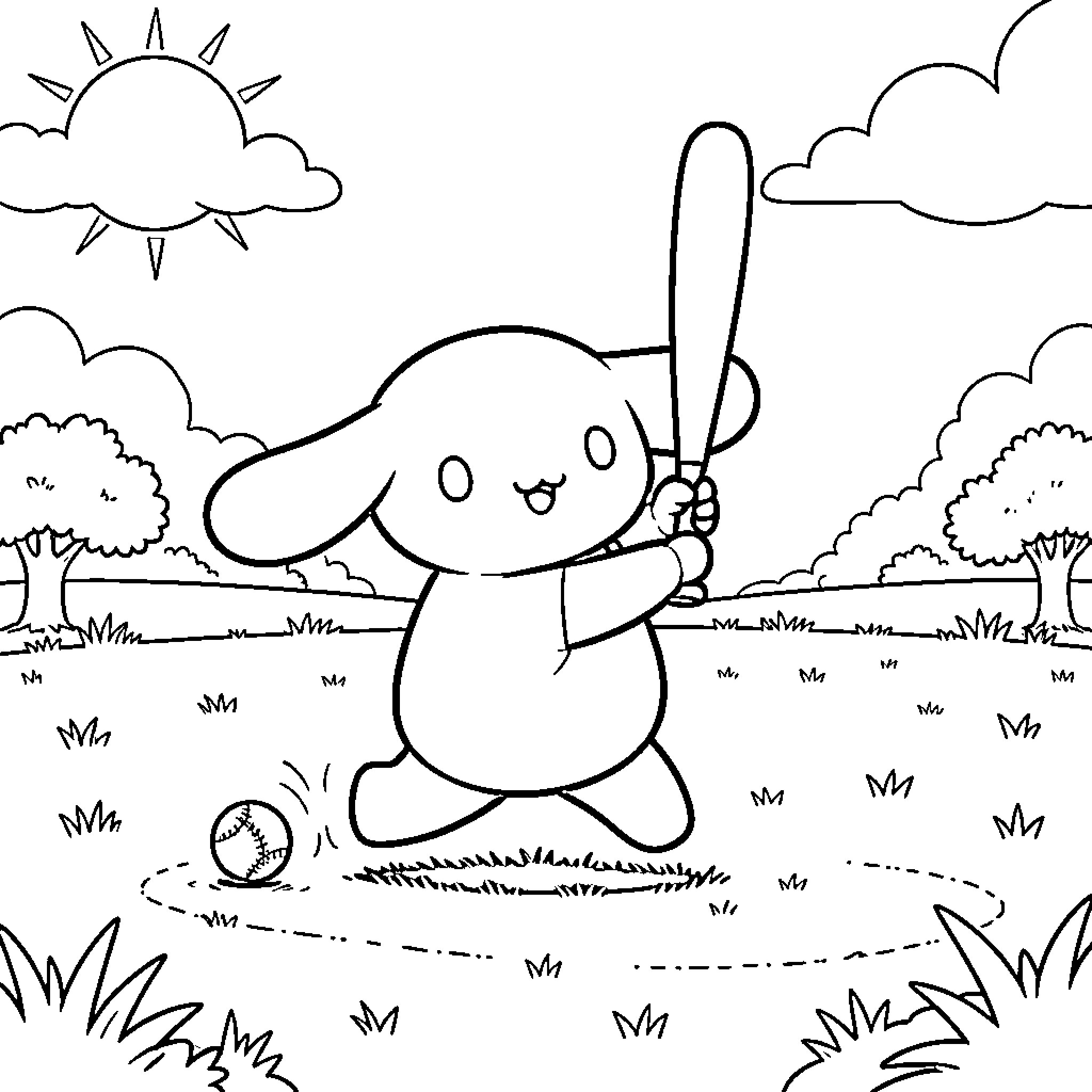 Cinnamoroll swinging a baseball bat in a field Coloring Page (free black-and-white line drawing printable PDF for all, from beginners to advanced learners, including children, teens, adults, and seniors)