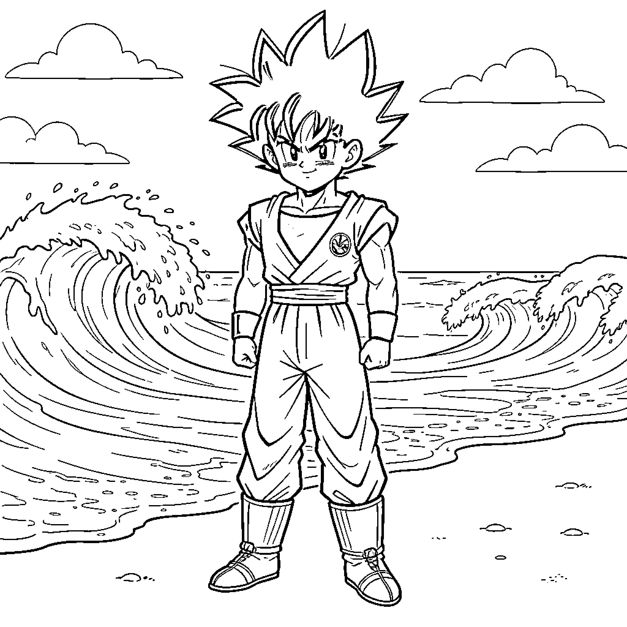 Gokou standing confidently on a beach near ocean waves Coloring Page (free black-and-white line drawing printable PDF for all, from beginners to advanced learners, including children, teens, adults, and seniors)