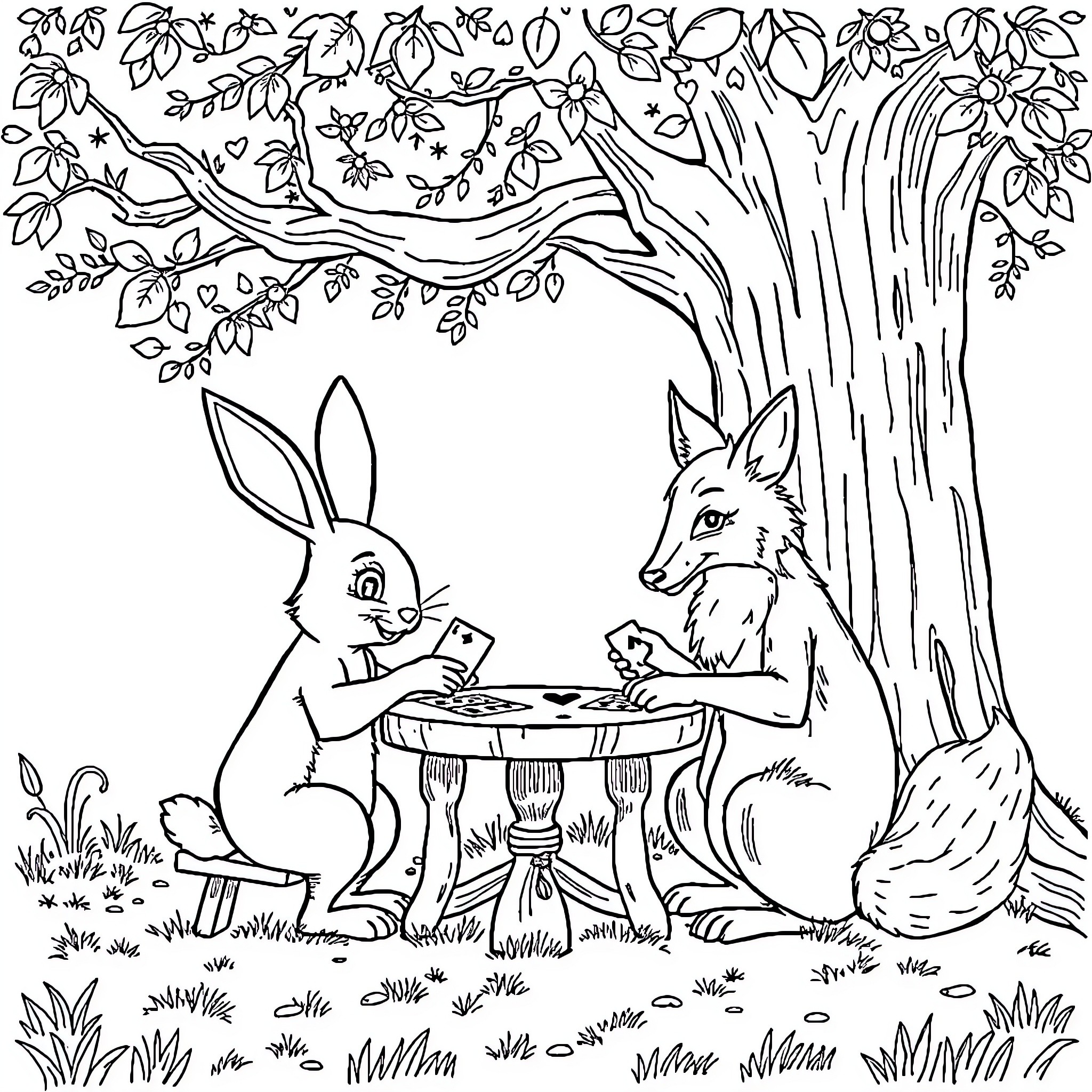 Rabbit having tea under a tree Coloring Page (free black-and-white line drawing printable PDF for all, from beginners to advanced learners, including children, teens, adults, and seniors)