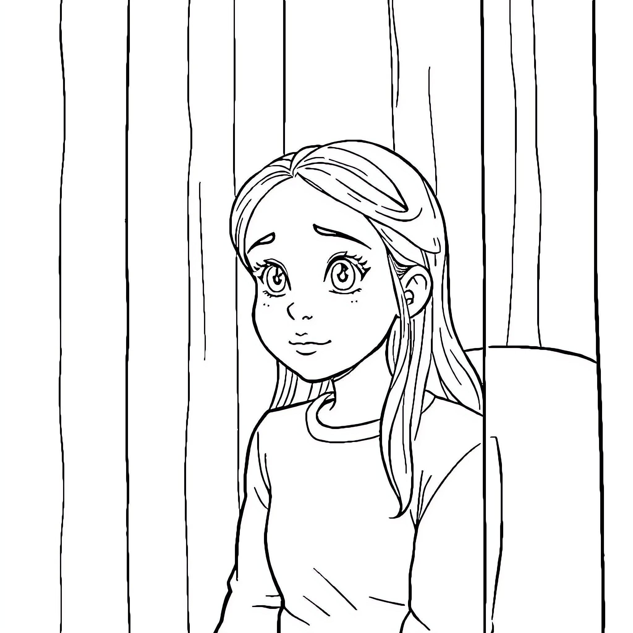 Girl with long hair behind curtains Coloring Page (free black-and-white line drawing printable PDF for all, from beginners to advanced learners, including children, teens, adults, and seniors)