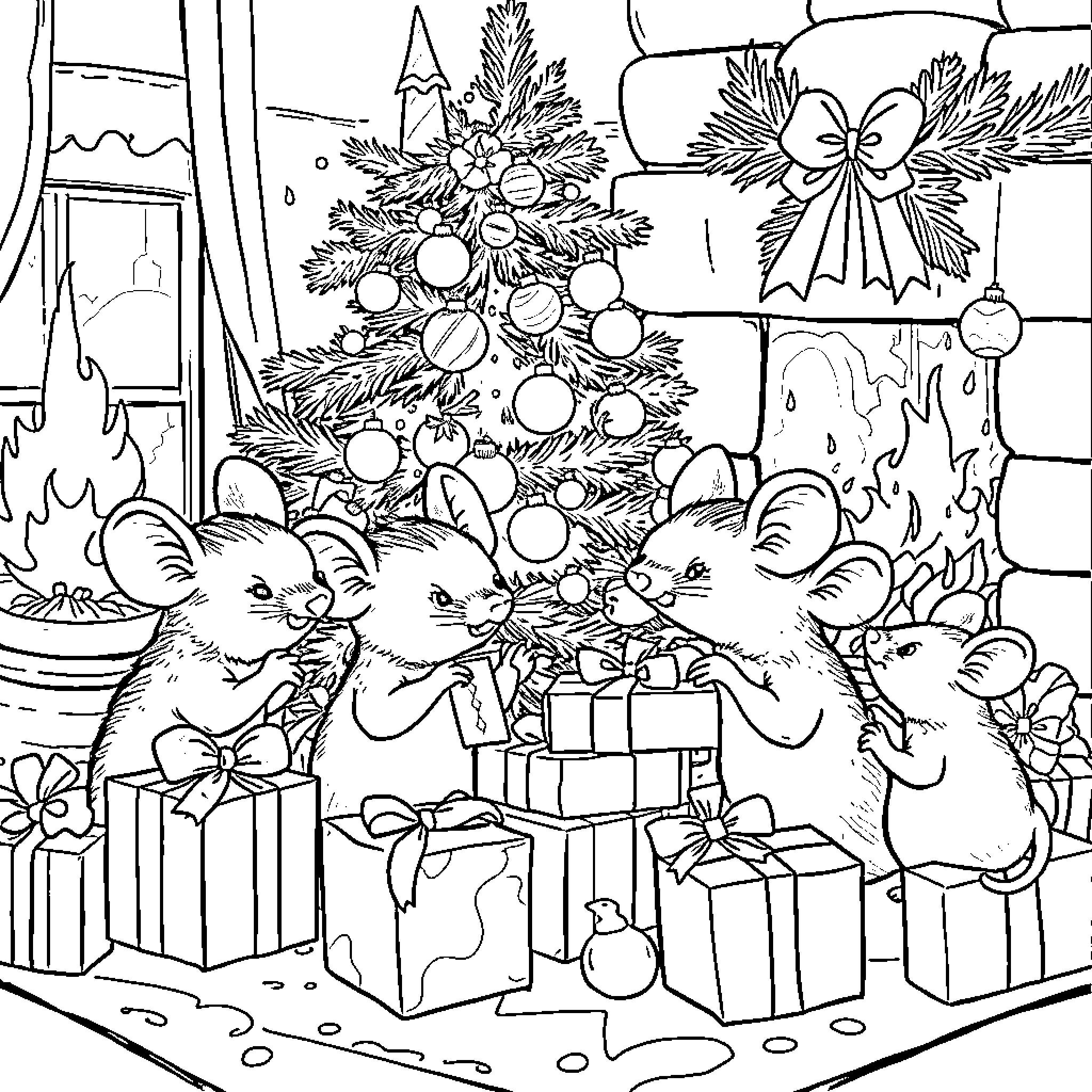 Mouse family celebrates Christmas together Coloring Page (free black-and-white line drawing printable PDF for all, from beginners to advanced learners, including children, teens, adults, and seniors)