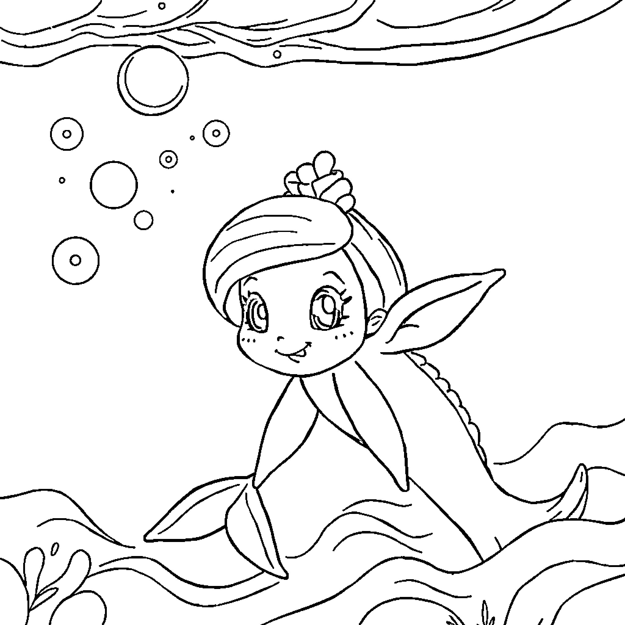 Mermaid playing in the underwater world Coloring Page (free black-and-white line drawing printable PDF for all, from beginners to advanced learners, including children, teens, adults, and seniors)