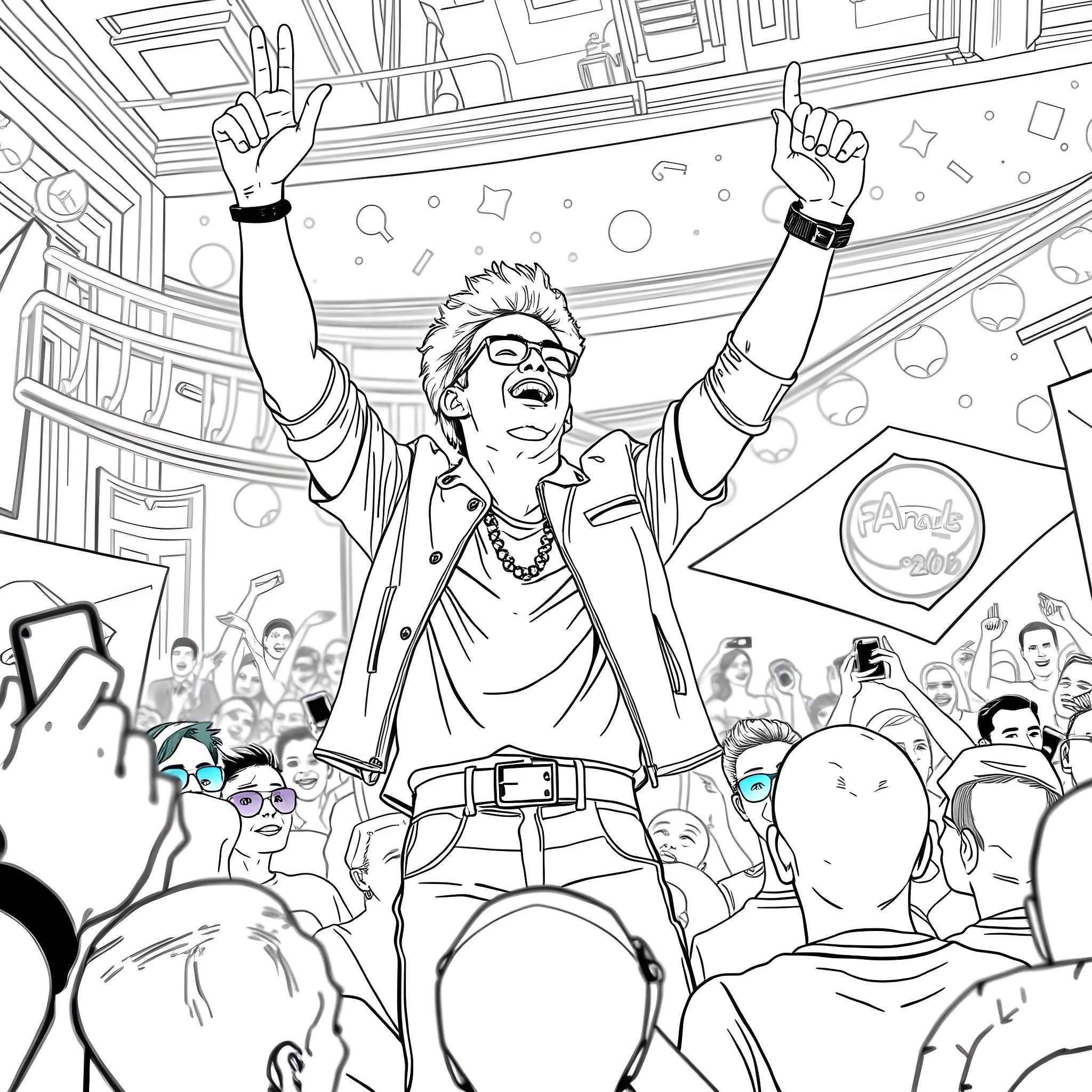 Bruno Mars electric performance on stage with cheering crowd Coloring Page (free black-and-white line drawing printable PDF for all, from beginners to advanced learners, including children, teens, adults, and seniors)