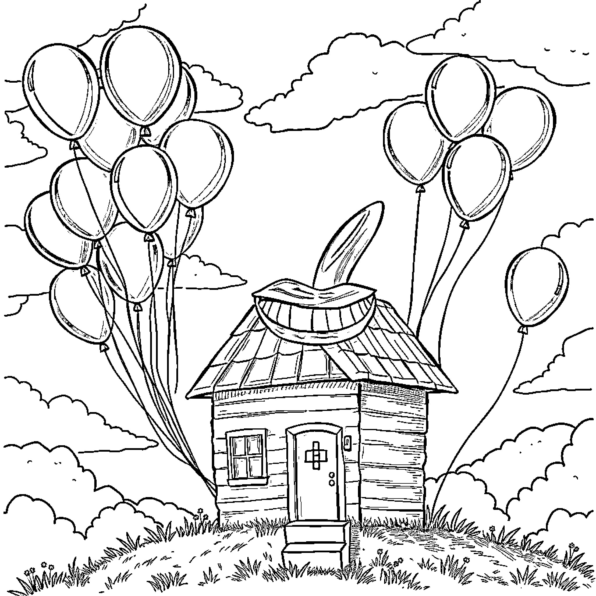 Smile with Whimsical Balloons and Cozy Cottage Coloring Page (free black-and-white line drawing printable PDF for all, from beginners to advanced learners, including children, teens, adults, and seniors)