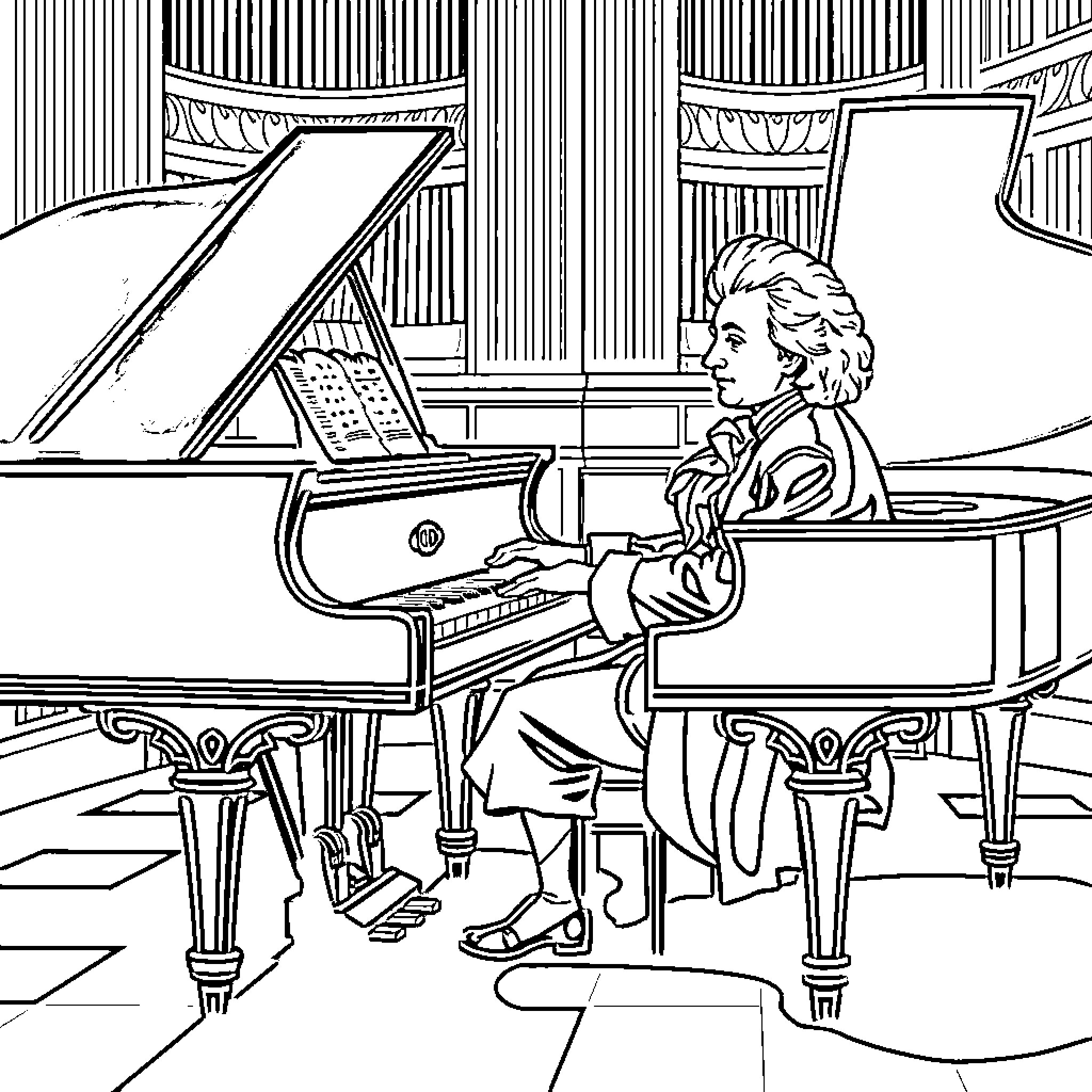 Mozart Playing the Piano in an Ornate Hall Coloring Page (free black-and-white line drawing printable PDF for all, from beginners to advanced learners, including children, teens, adults, and seniors)