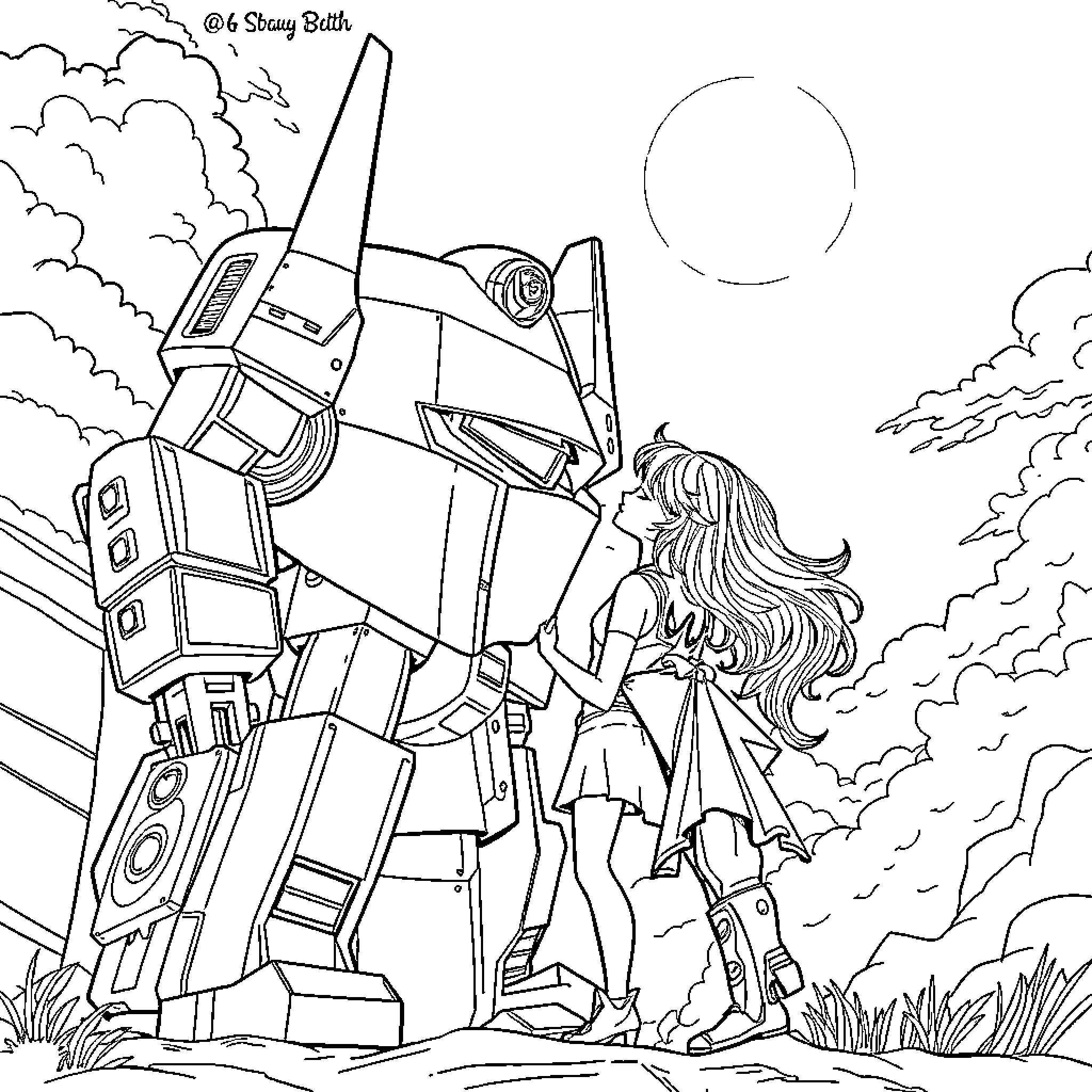 Dio Brando and the Transforming Robot Coloring Page (free black-and-white line drawing printable PDF for all, from beginners to advanced learners, including children, teens, adults, and seniors)