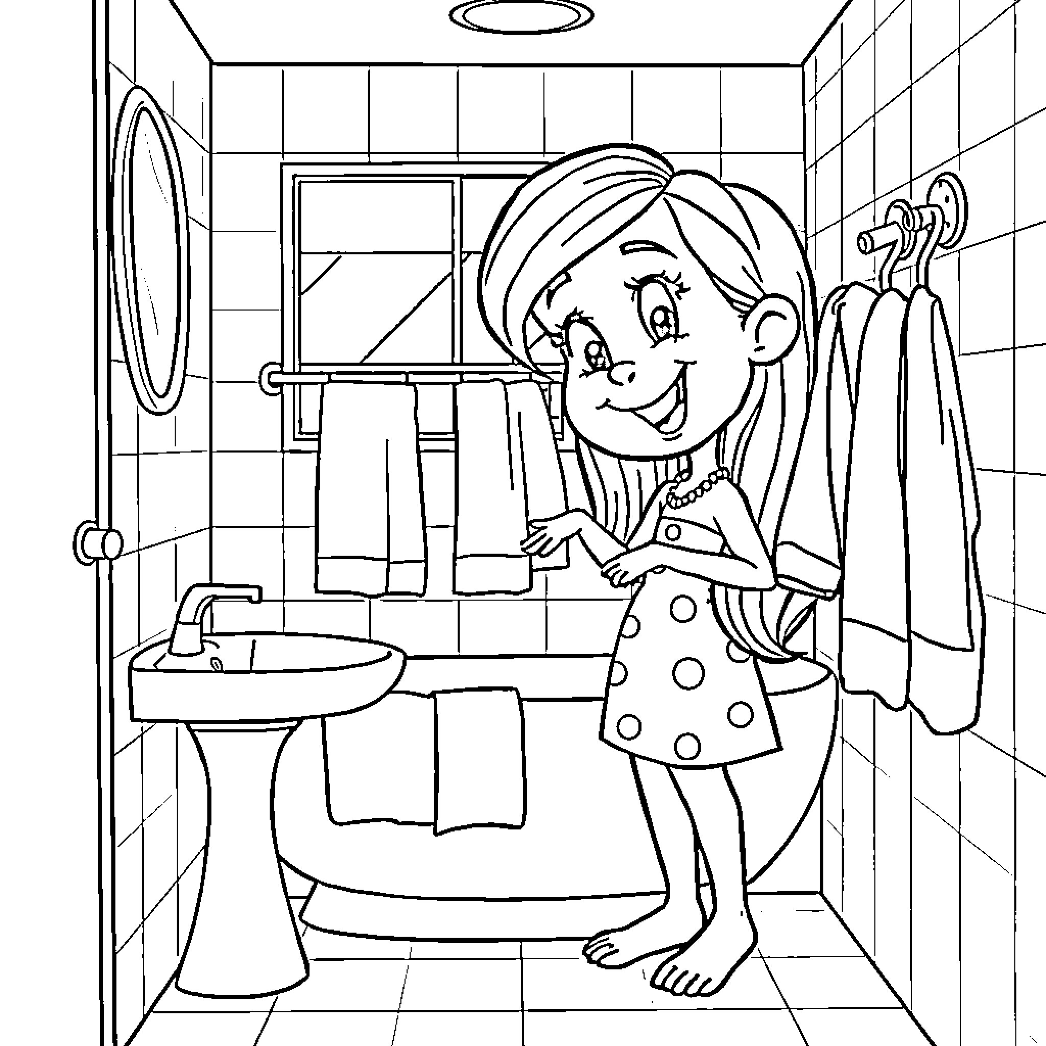 Chat in the Bathroom Coloring Page (free black-and-white line drawing printable PDF for all, from beginners to advanced learners, including children, teens, adults, and seniors)