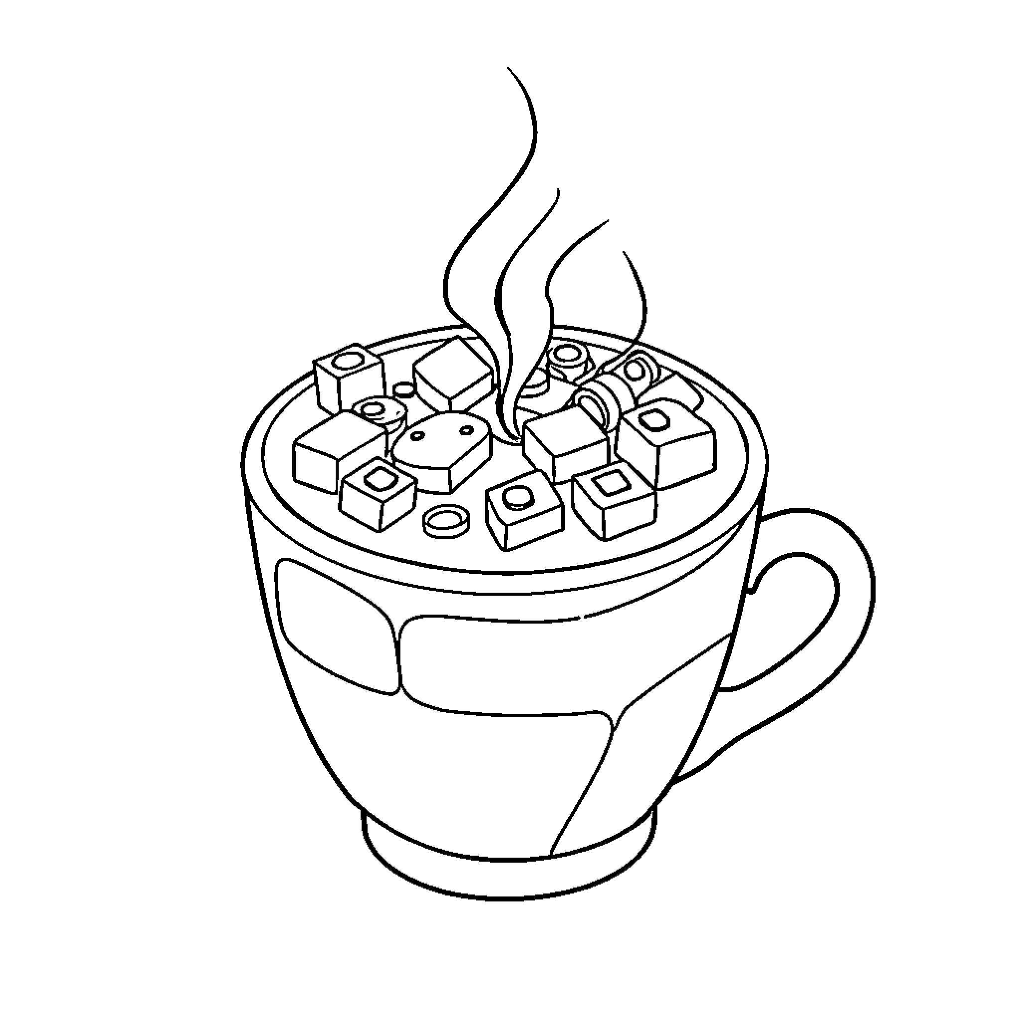 Lego figures in a steaming mug Coloring Page (free black-and-white line drawing printable PDF for all, from beginners to advanced learners, including children, teens, adults, and seniors)